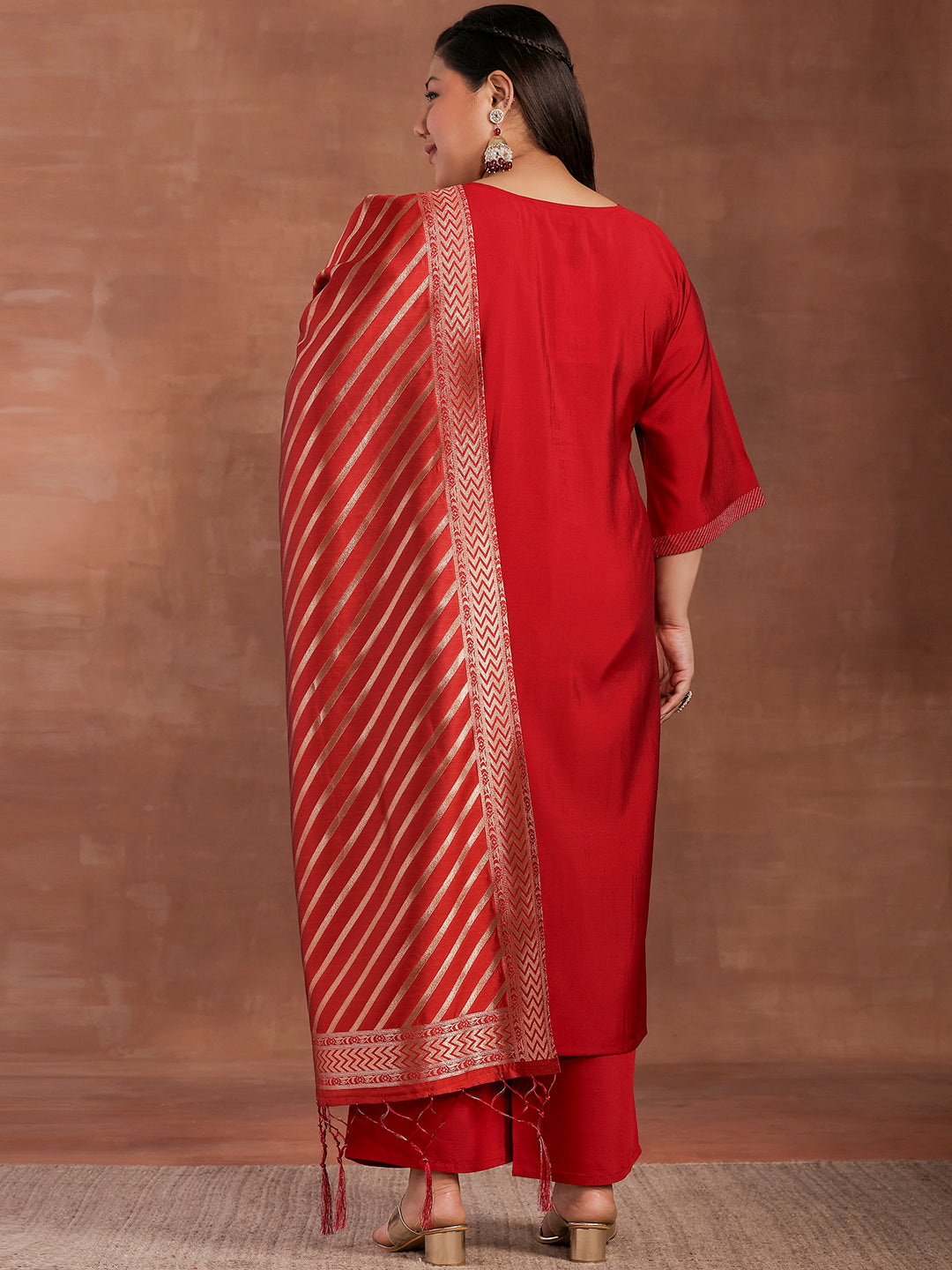 Plus Size Red Solid Silk Blend Straight Suit With Dupatta