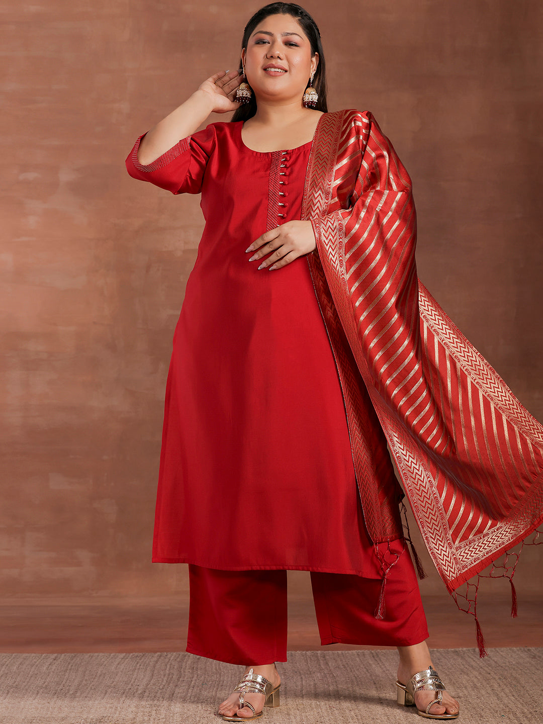 Plus Size Red Solid Silk Blend Straight Suit With Dupatta