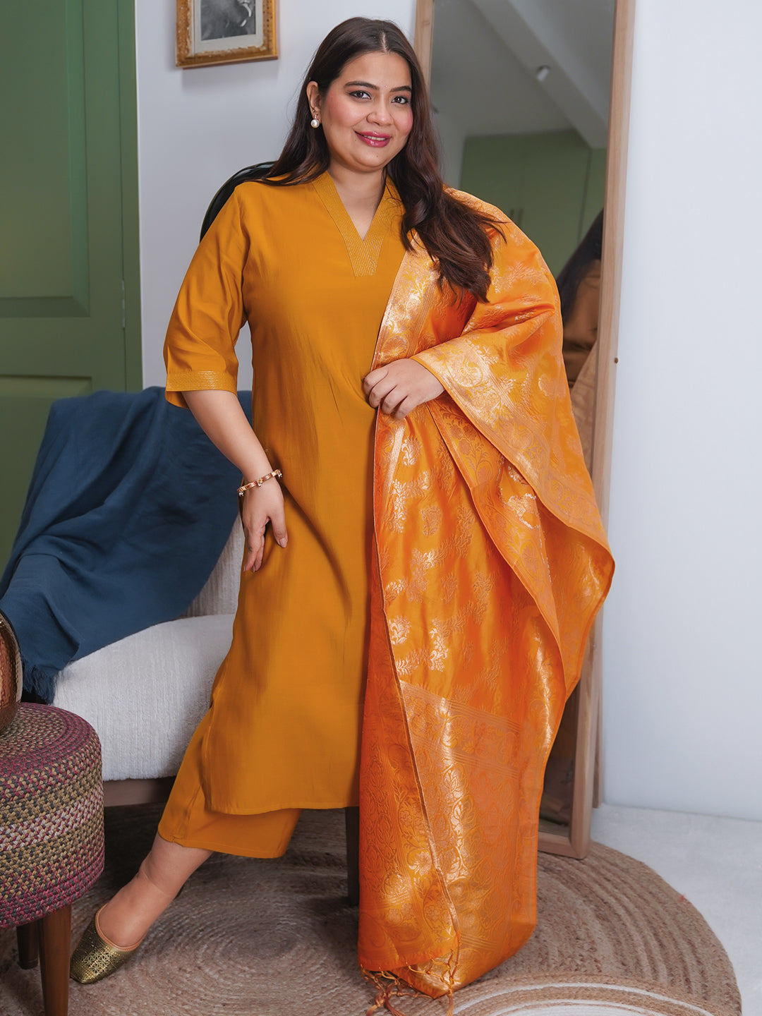 Plus Size Mustard Solid Silk Blend Straight Suit With Dupatta