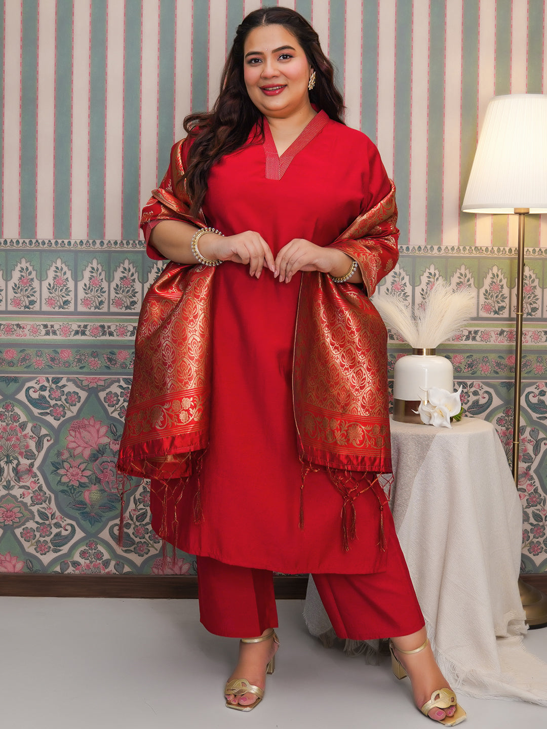 Plus Size Red Solid Silk Blend Straight Suit With Dupatta