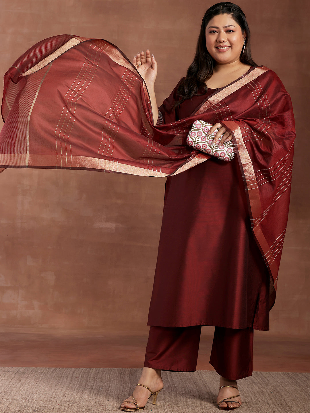 Plus Size Maroon Solid Silk Blend Straight Suit With Dupatta