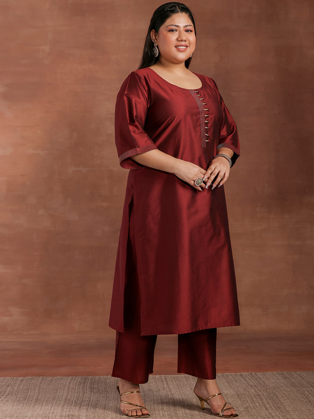 Plus Size Maroon Solid Silk Blend Straight Suit With Dupatta