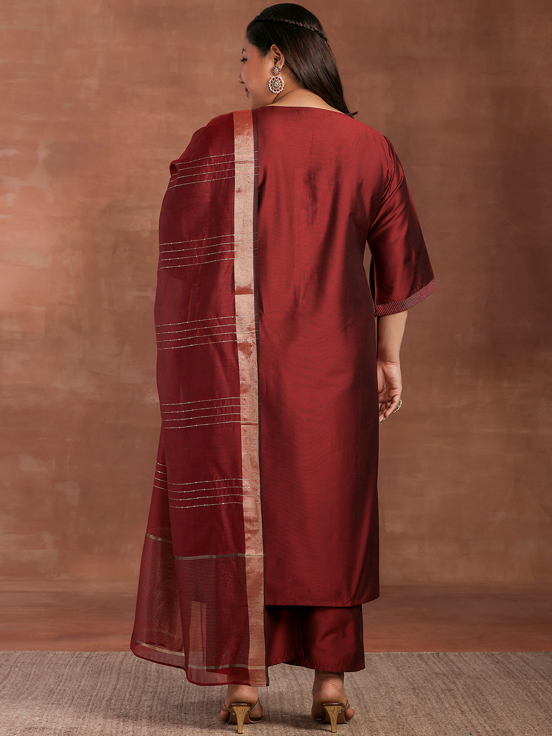 Plus Size Maroon Solid Silk Blend Straight Suit With Dupatta