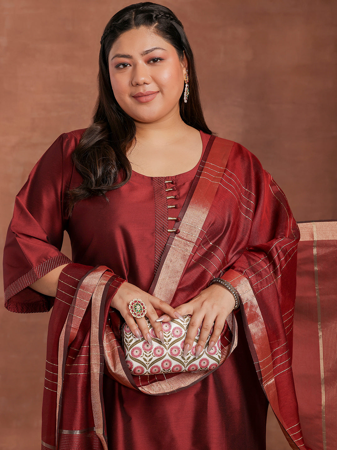 Plus Size Maroon Solid Silk Blend Straight Suit With Dupatta