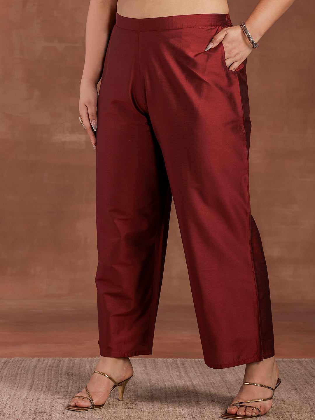 Plus Size Maroon Solid Silk Blend Straight Suit With Dupatta