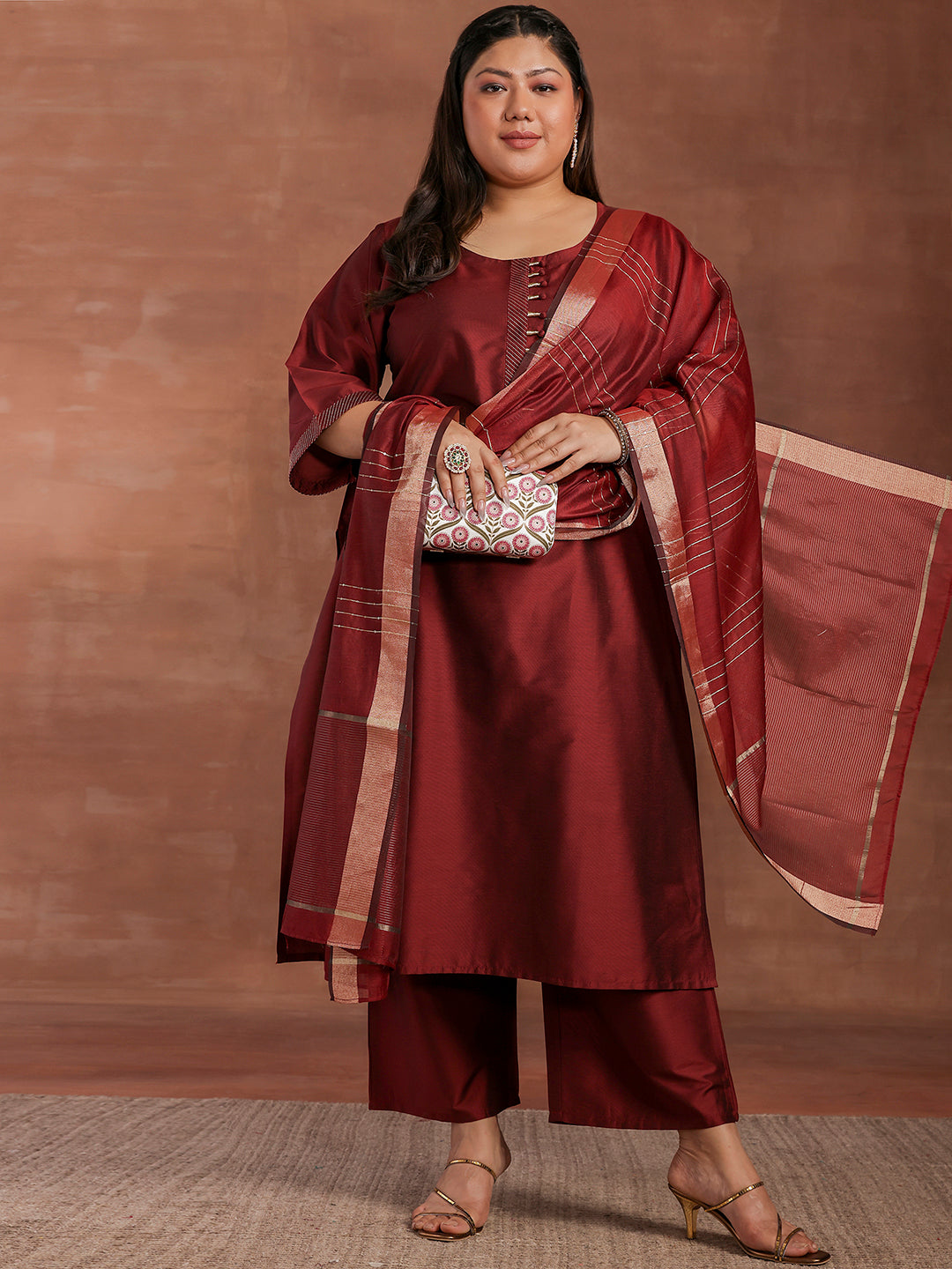 Plus Size Maroon Solid Silk Blend Straight Suit With Dupatta