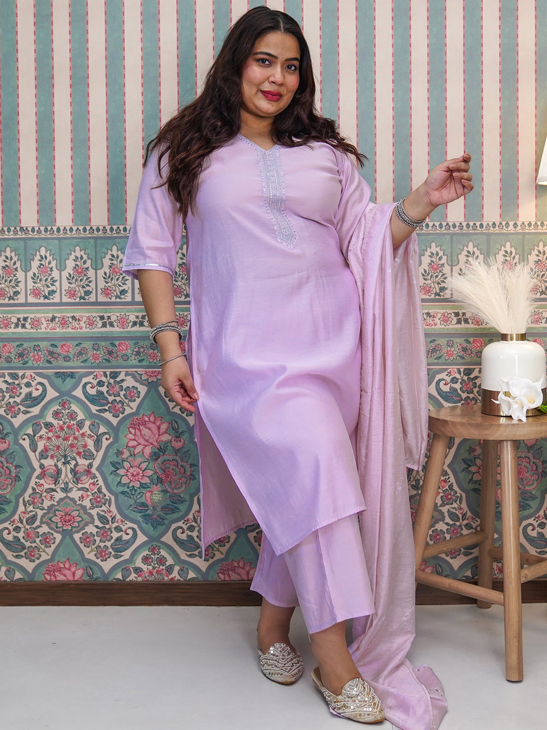 Plus Size Lavender Yoke Design Silk Blend Straight Suit With Dupatta