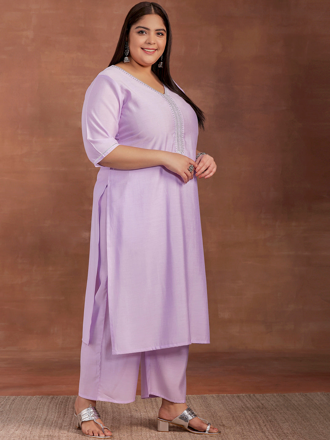 Plus Size Lavender Yoke Design Silk Blend Straight Suit With Dupatta