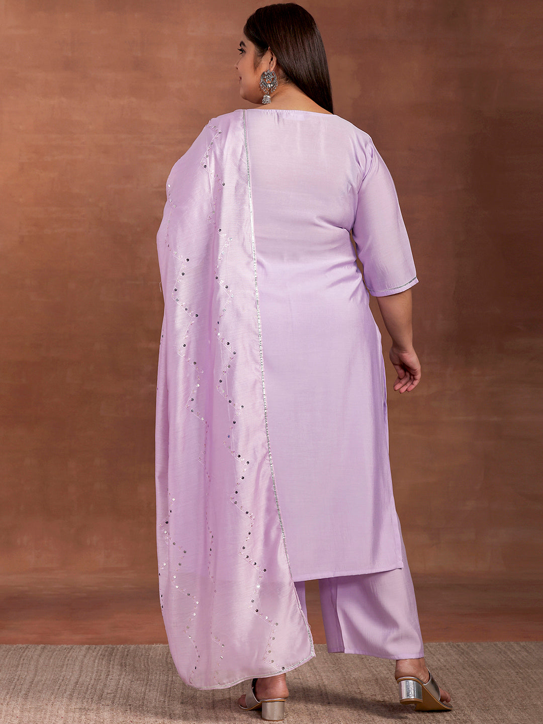 Plus Size Lavender Yoke Design Silk Blend Straight Suit With Dupatta