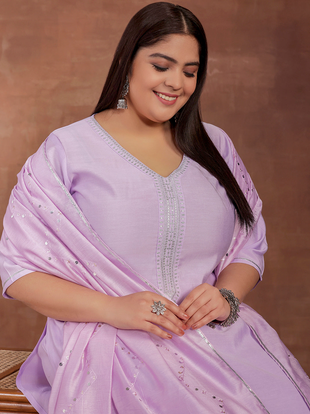 Plus Size Lavender Yoke Design Silk Blend Straight Suit With Dupatta