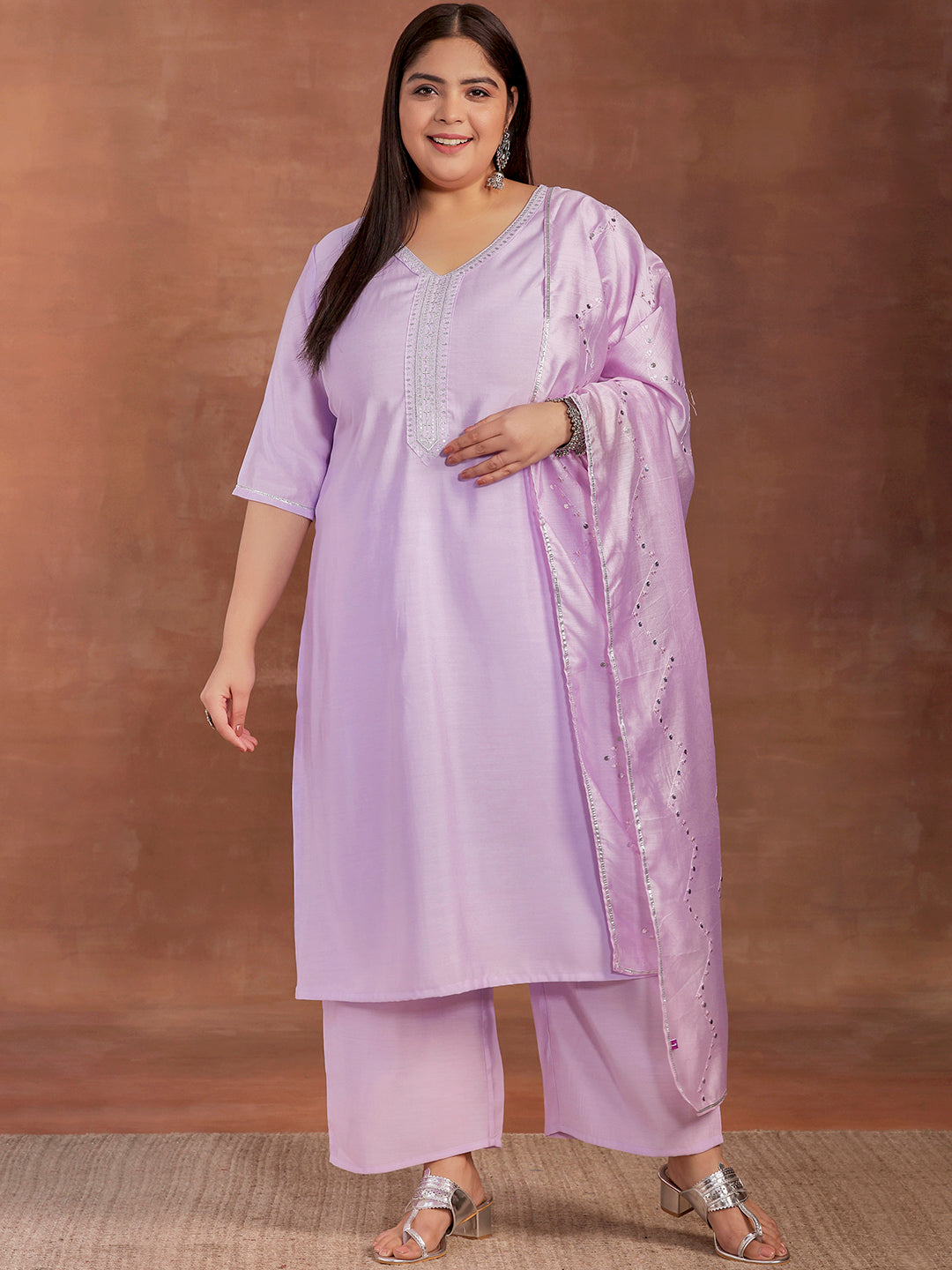 Plus Size Lavender Yoke Design Silk Blend Straight Suit With Dupatta