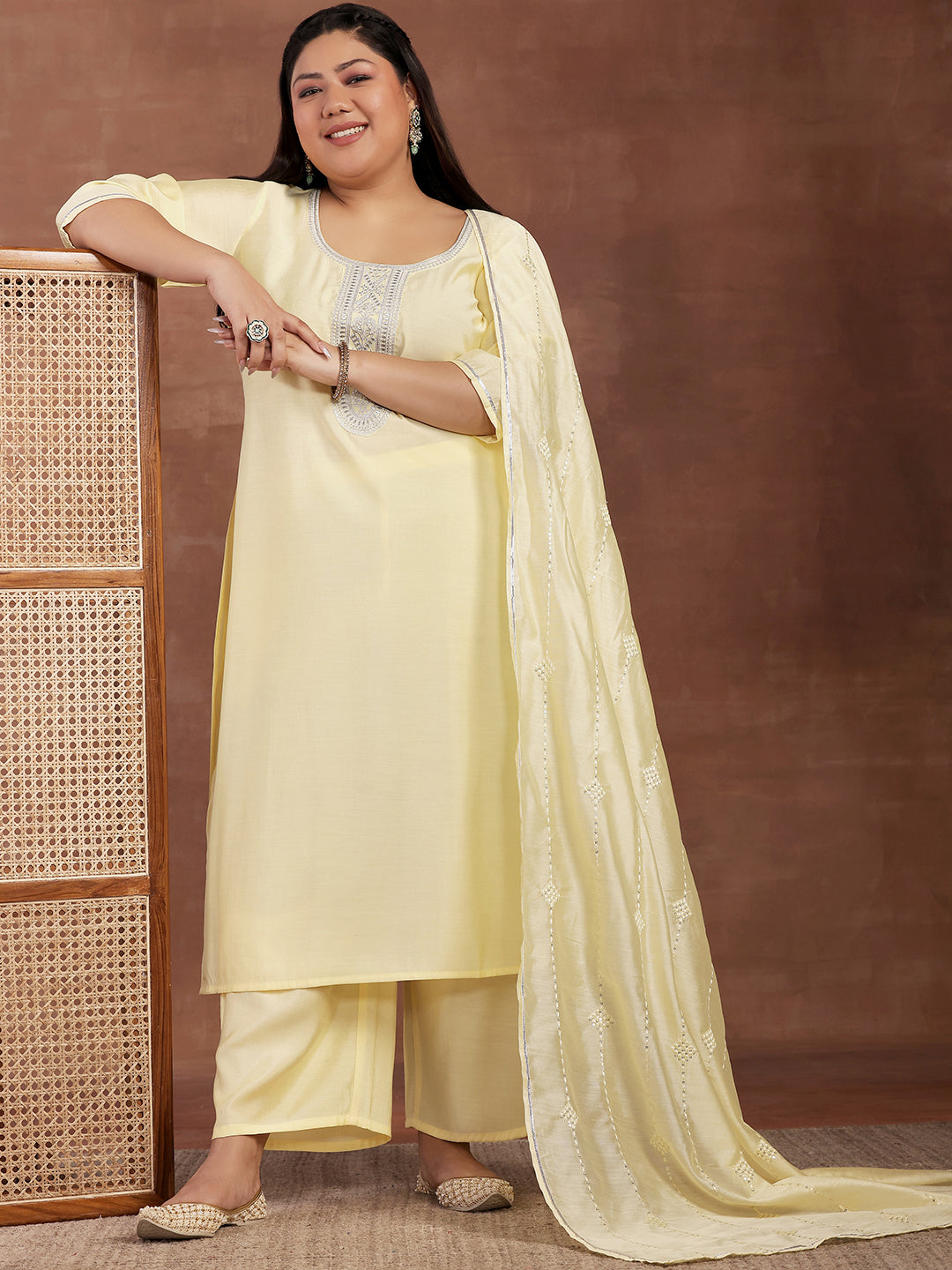 Plus Size Yellow Yoke Design Silk Blend Straight Suit With Dupatta