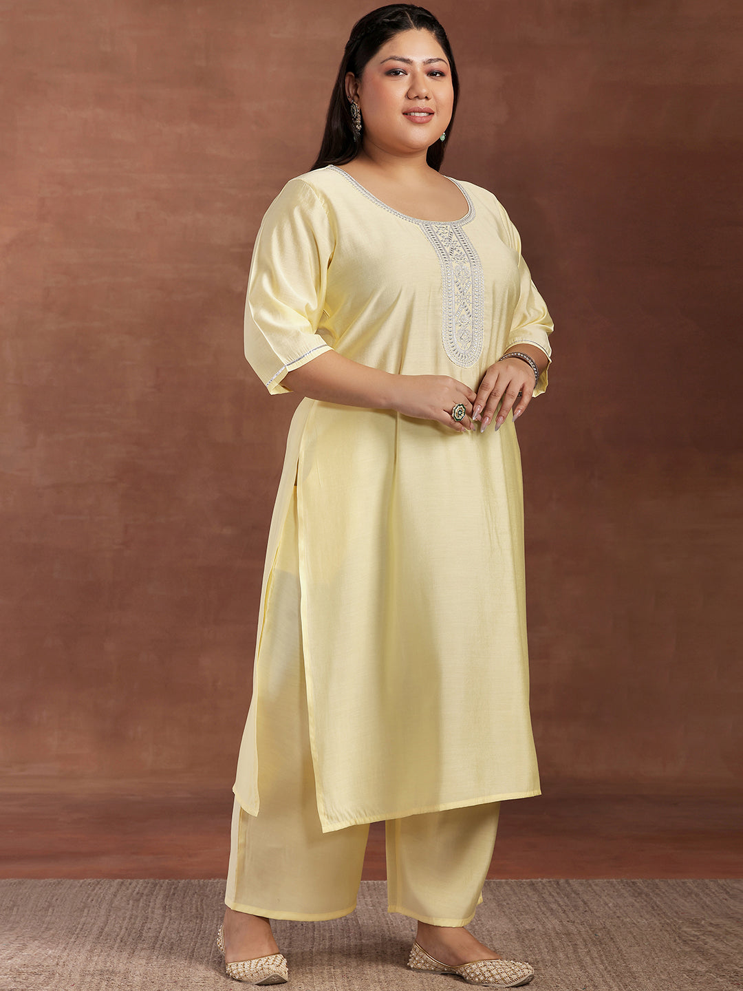 Plus Size Yellow Yoke Design Silk Blend Straight Suit With Dupatta