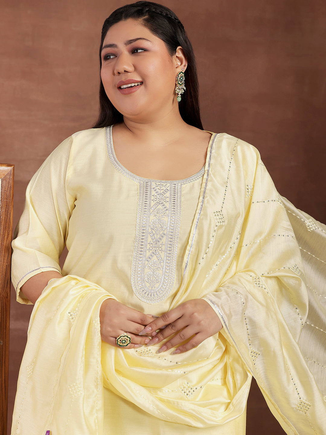 Plus Size Yellow Yoke Design Silk Blend Straight Suit With Dupatta