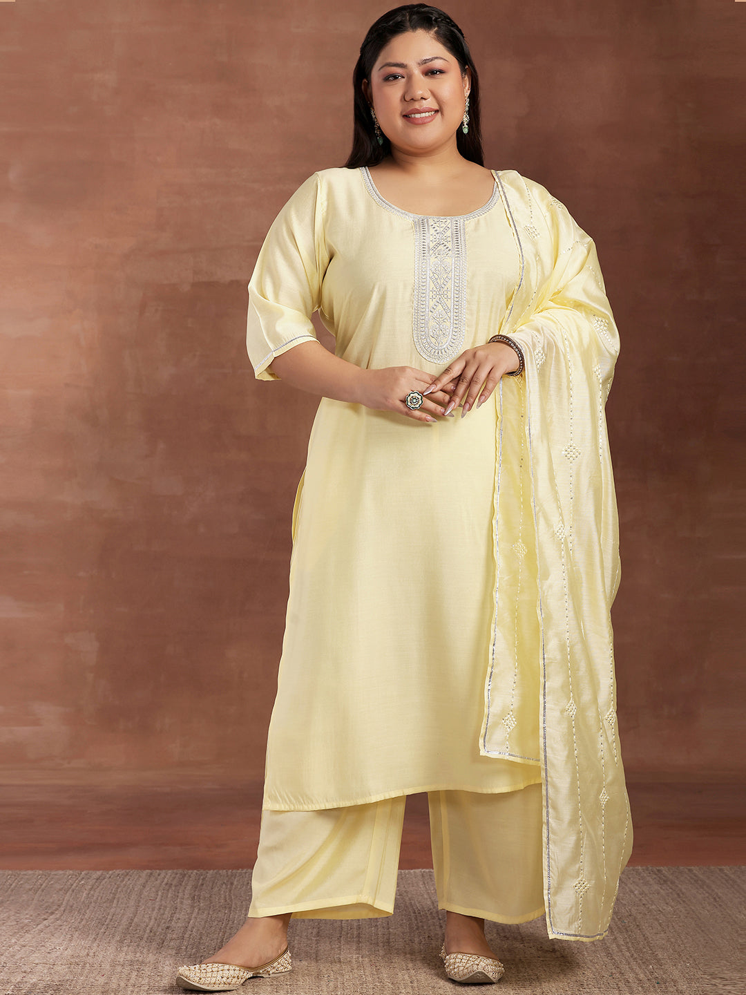 Plus Size Yellow Yoke Design Silk Blend Straight Suit With Dupatta