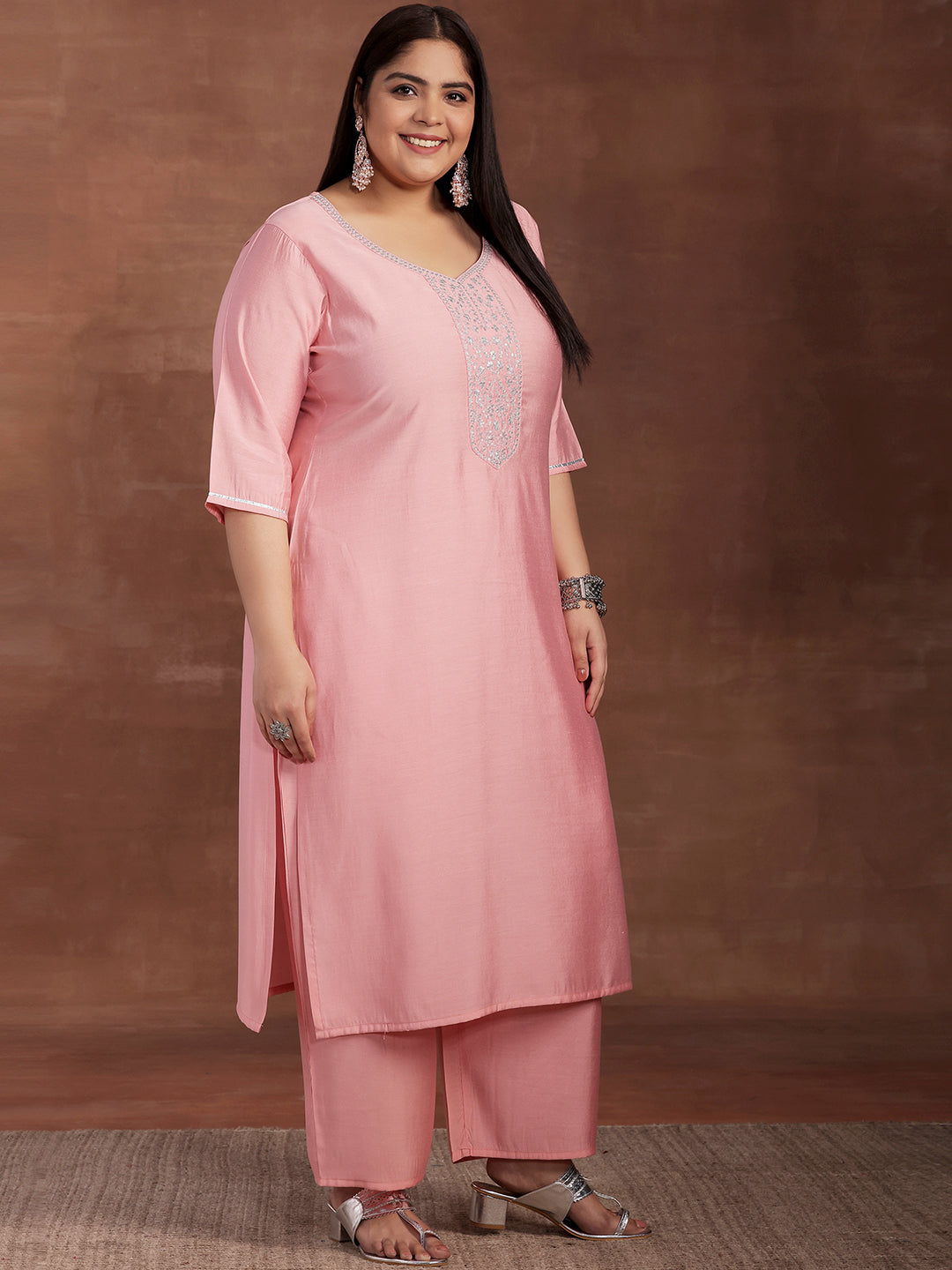 Plus Size Pink Yoke Design Silk Blend Straight Suit With Dupatta