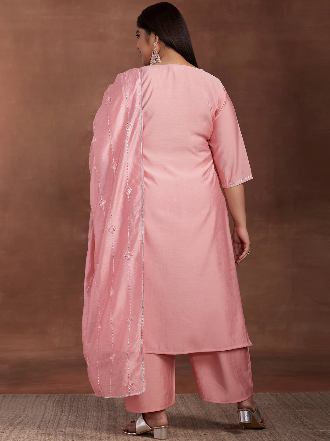 Plus Size Pink Yoke Design Silk Blend Straight Suit With Dupatta