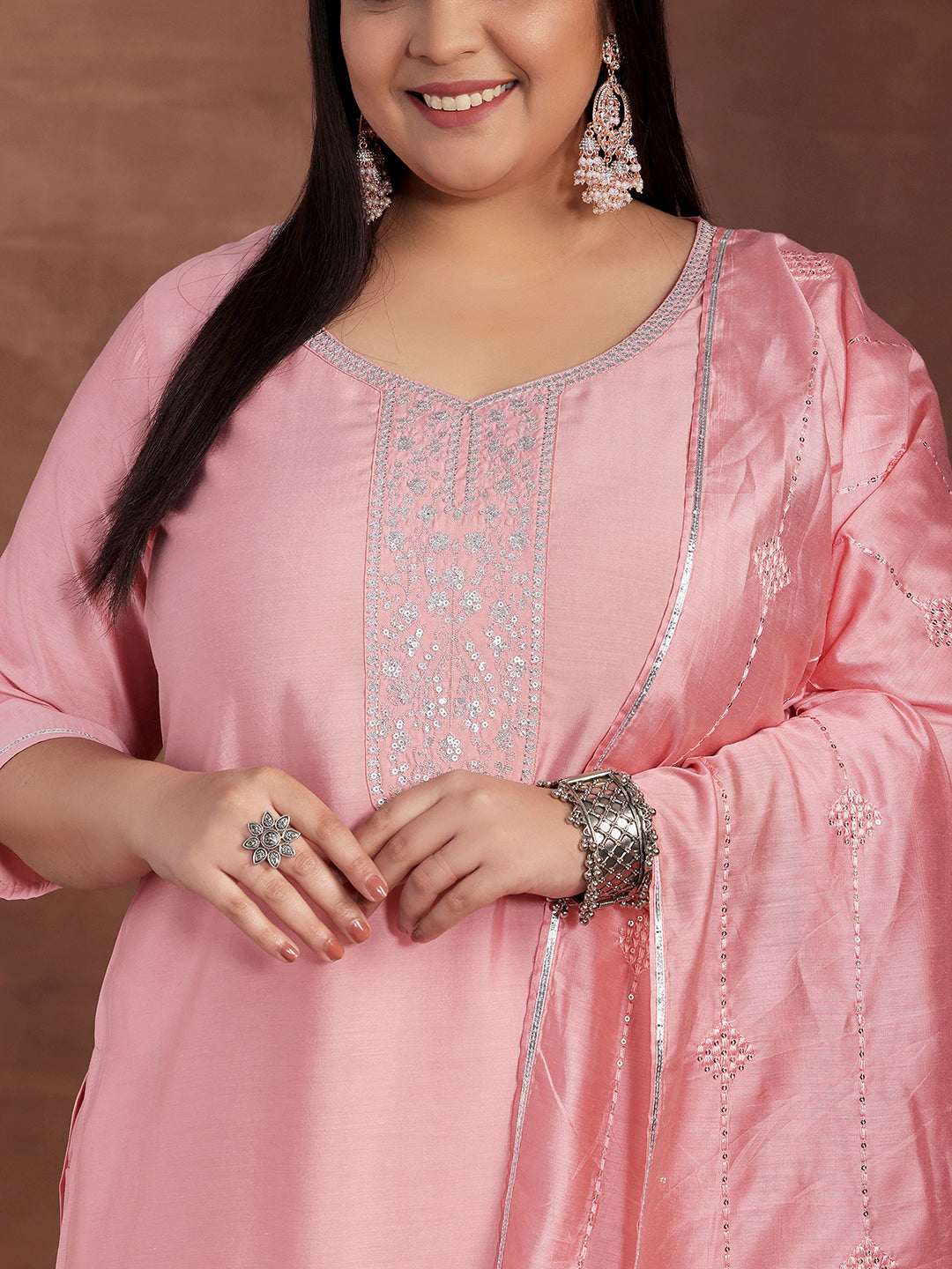 Plus Size Pink Yoke Design Silk Blend Straight Suit With Dupatta