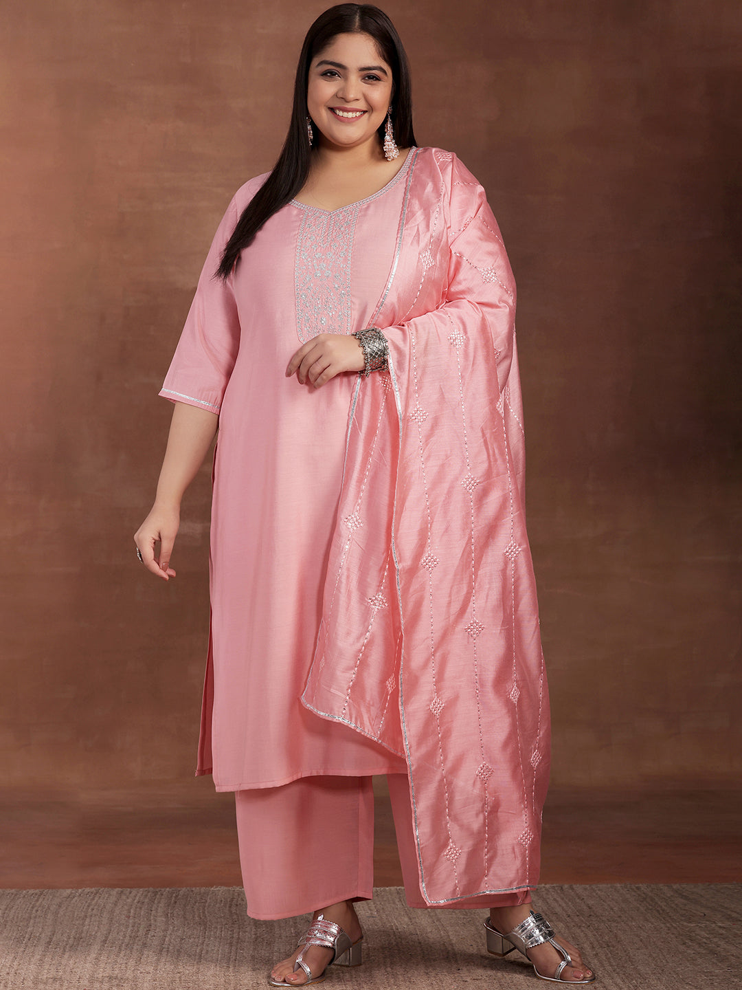 Plus Size Pink Yoke Design Silk Blend Straight Suit With Dupatta