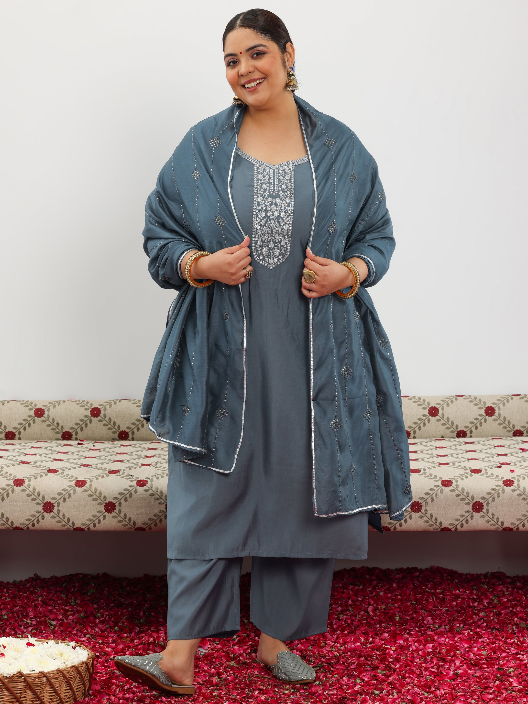 Plus Size Grey Yoke Design Silk Blend Straight Suit With Dupatta