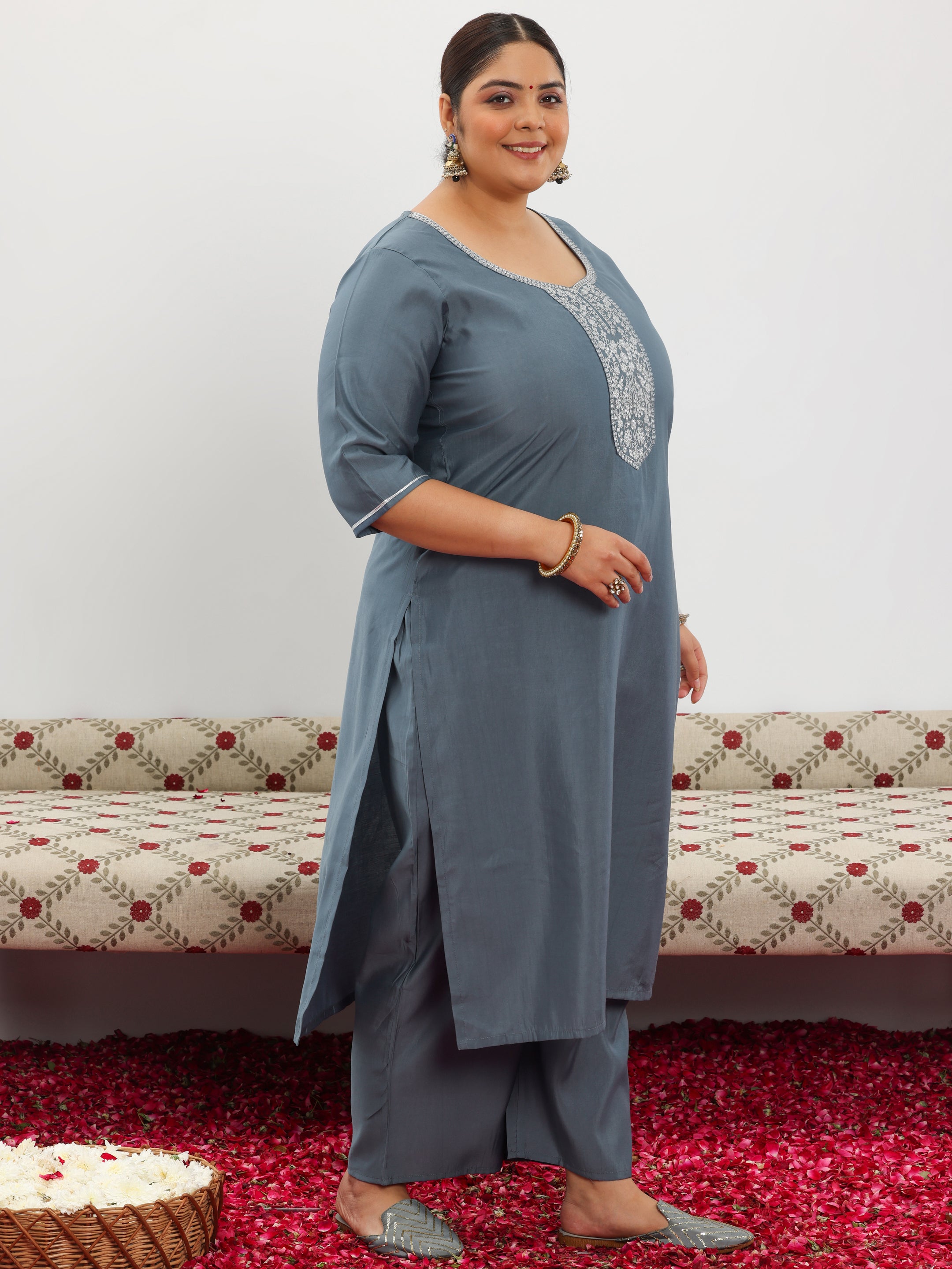 Plus Size Grey Yoke Design Silk Blend Straight Suit With Dupatta