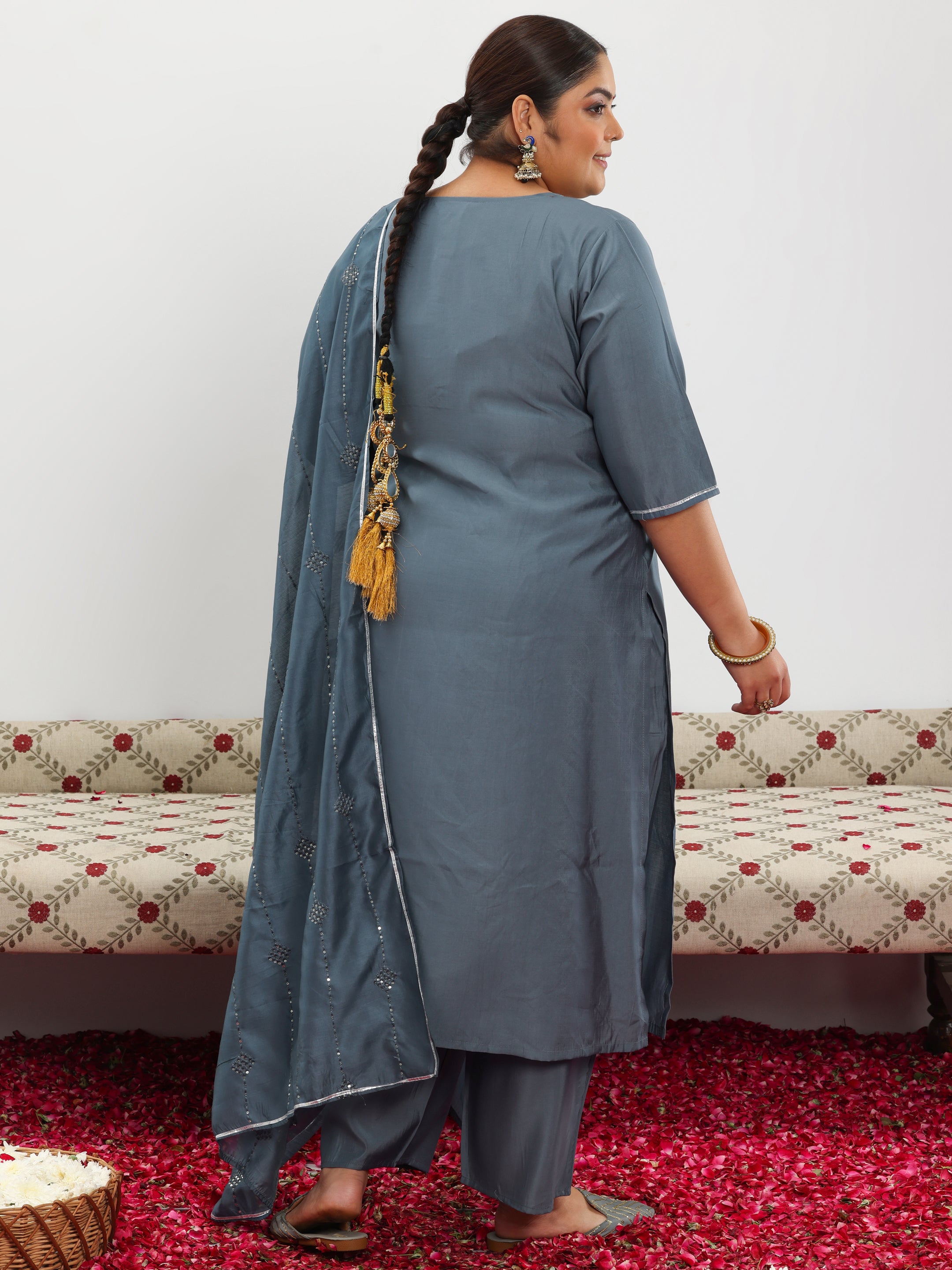 Plus Size Grey Yoke Design Silk Blend Straight Suit With Dupatta