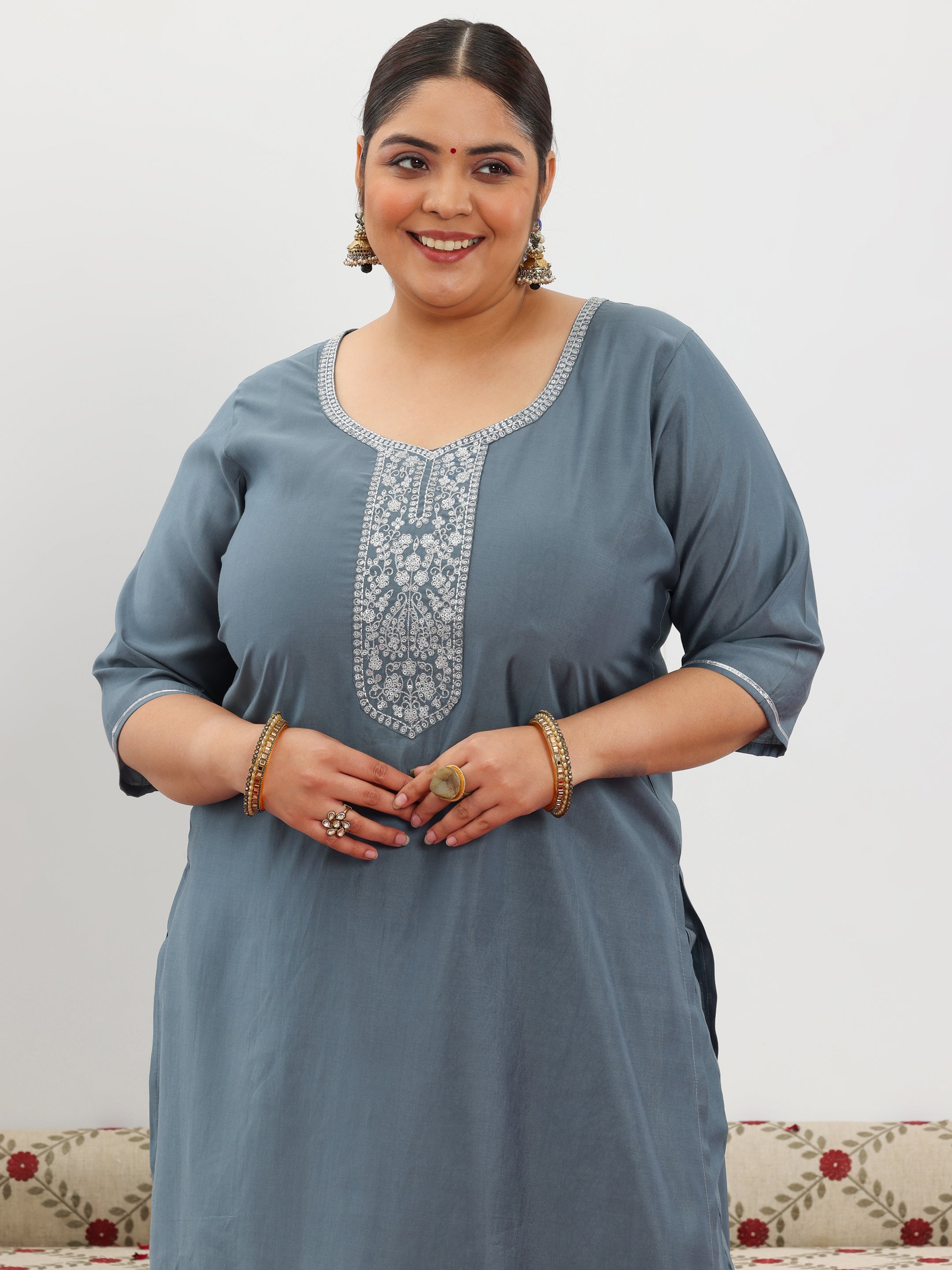 Plus Size Grey Yoke Design Silk Blend Straight Suit With Dupatta