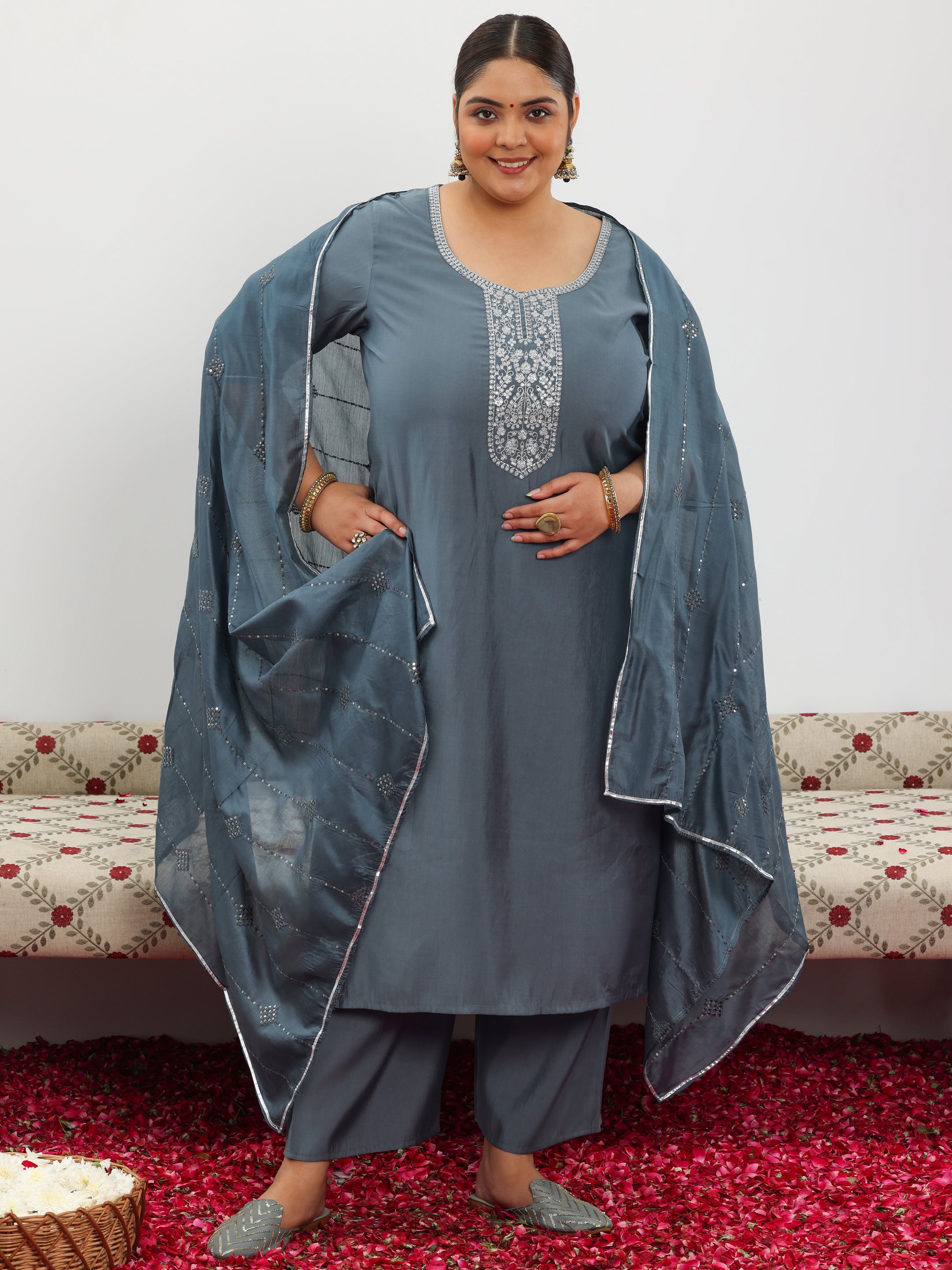 Plus Size Grey Yoke Design Silk Blend Straight Suit With Dupatta