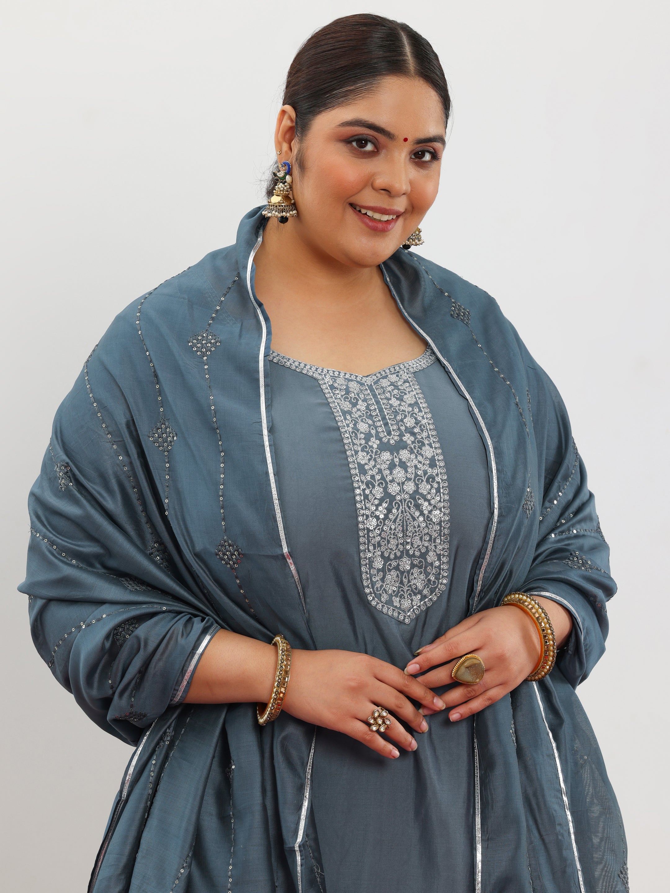 Plus Size Grey Yoke Design Silk Blend Straight Suit With Dupatta