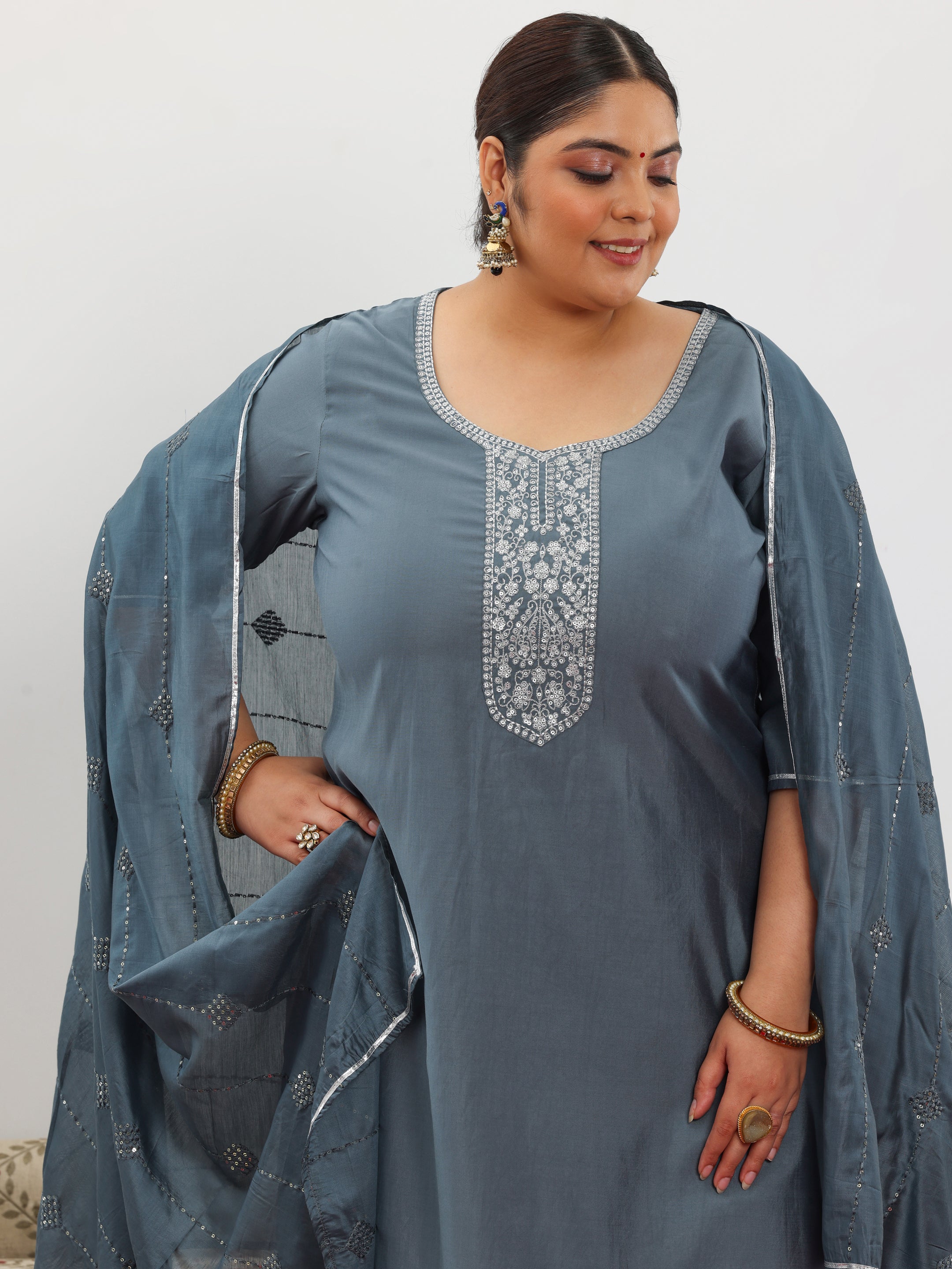 Plus Size Grey Yoke Design Silk Blend Straight Suit With Dupatta