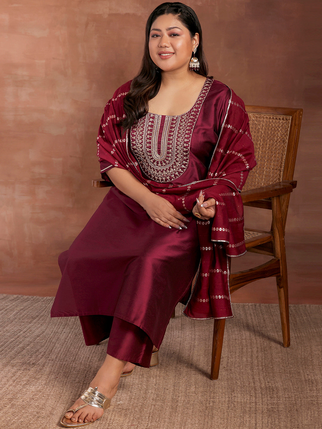 Plus Size Burgundy Yoke Design Silk Blend Straight Suit With Dupatta