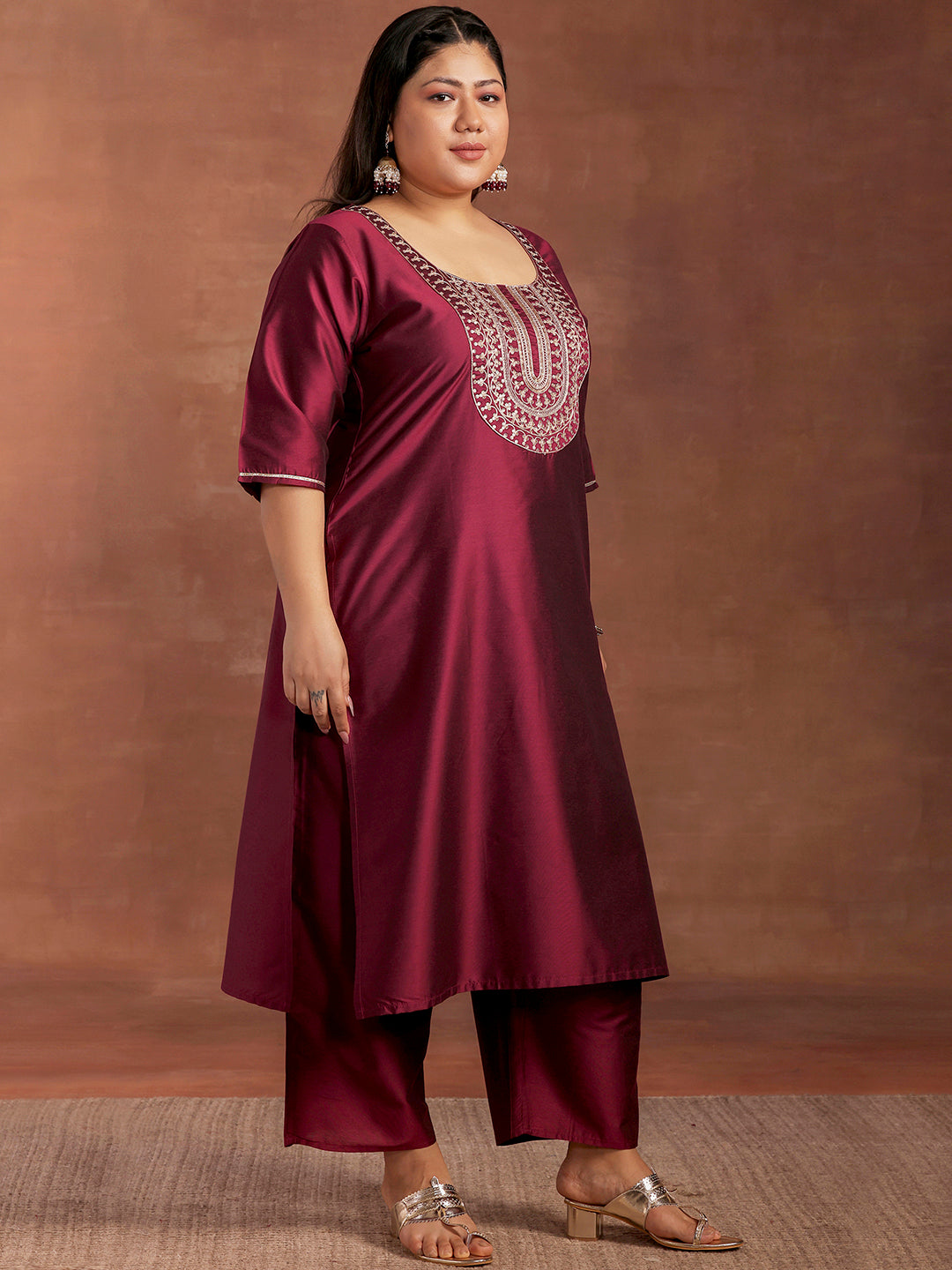 Plus Size Burgundy Yoke Design Silk Blend Straight Suit With Dupatta