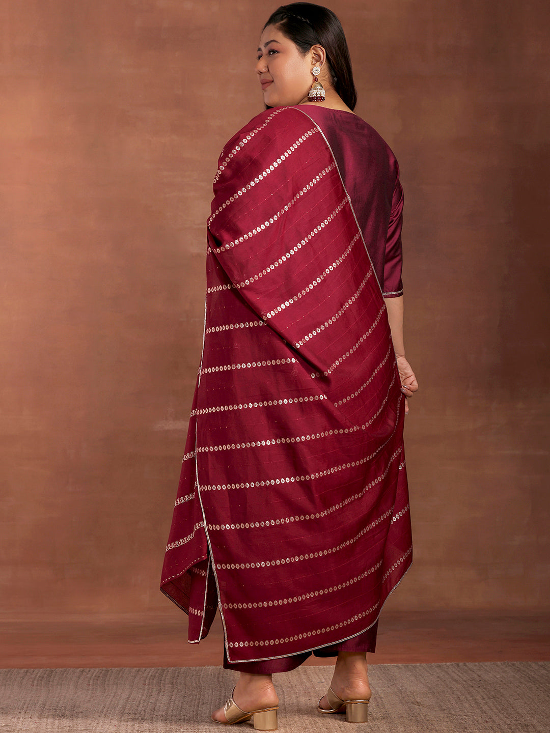 Plus Size Burgundy Yoke Design Silk Blend Straight Suit With Dupatta