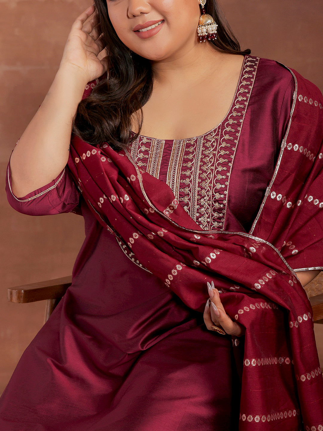 Plus Size Burgundy Yoke Design Silk Blend Straight Suit With Dupatta