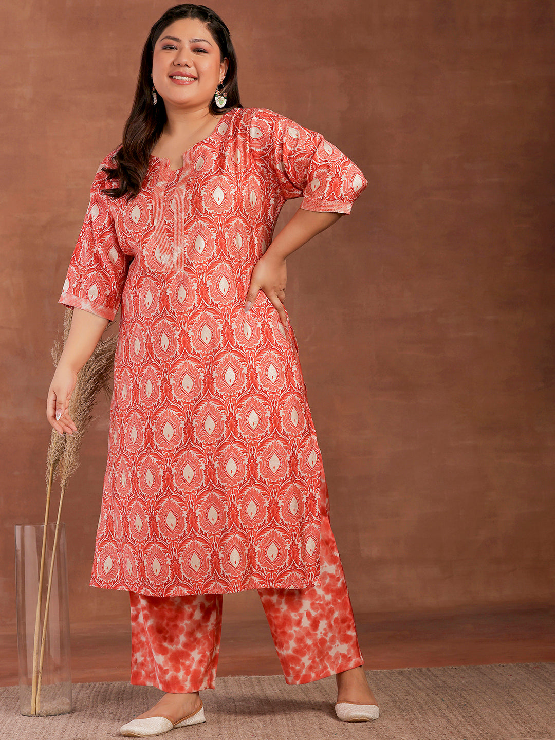 Plus Size Peach Printed Silk Blend Straight Kurta With Palazzos