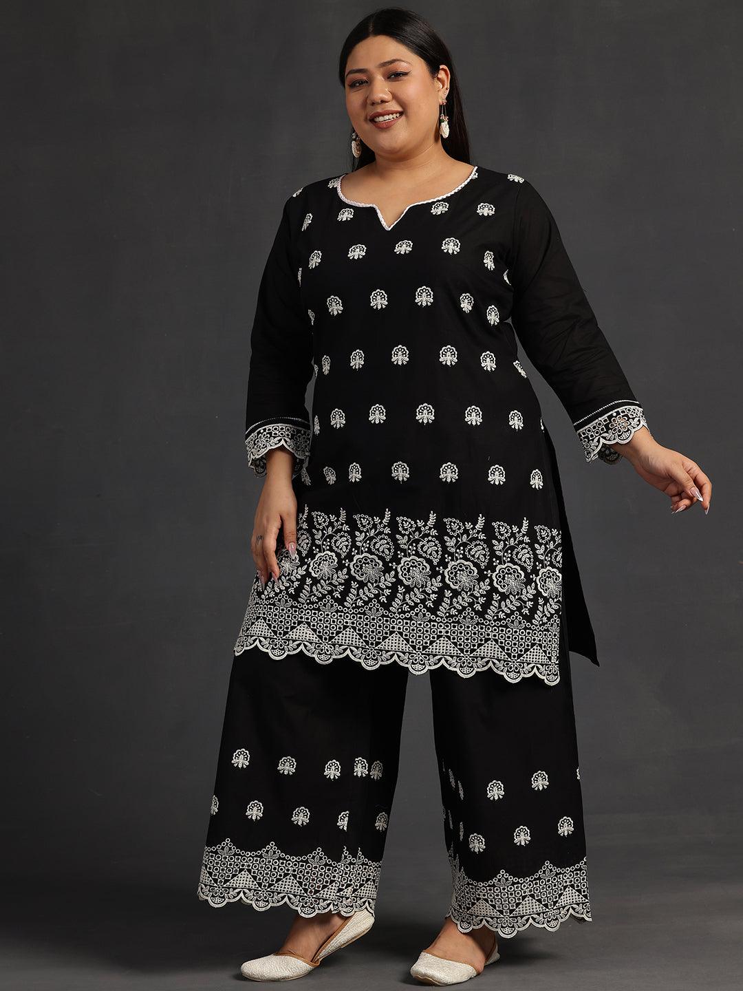 Plus Size Black Embroidered Cotton Co-Ords