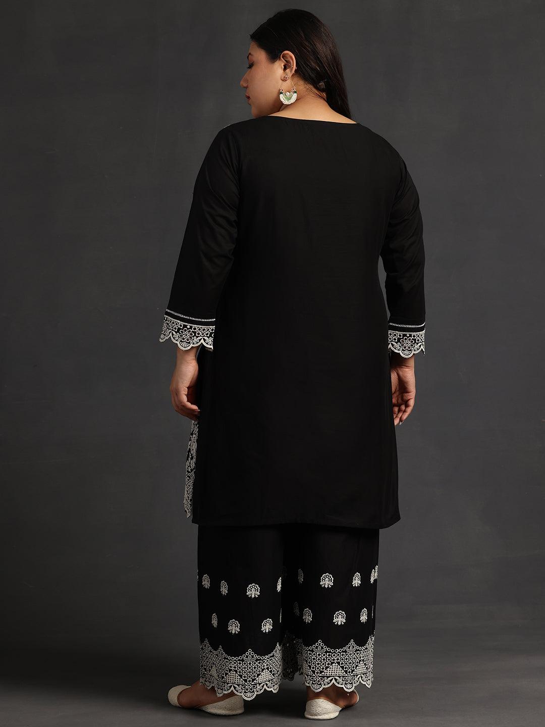 Plus Size Black Embroidered Cotton Co-Ords