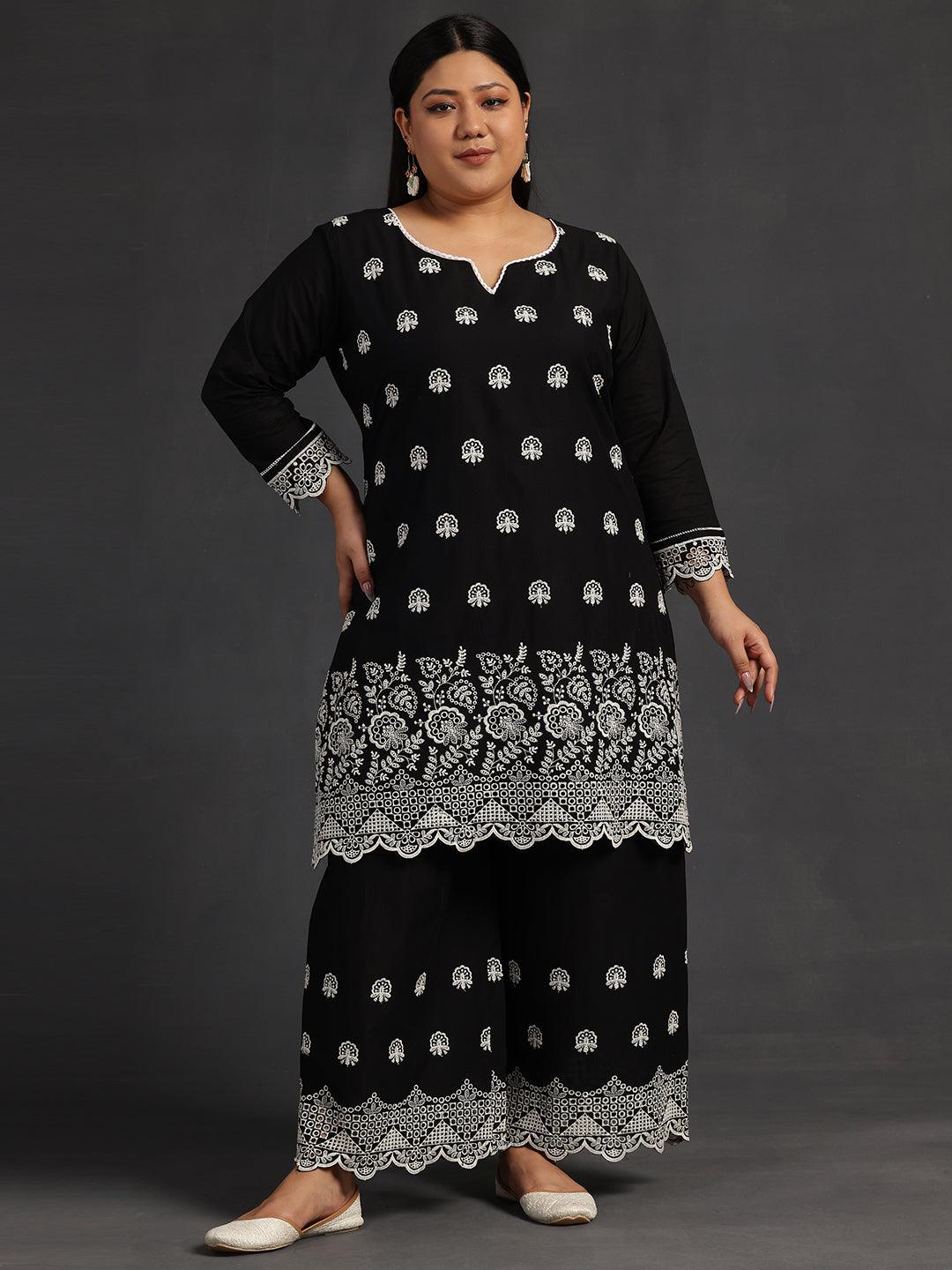 Plus Size Black Embroidered Cotton Co-Ords