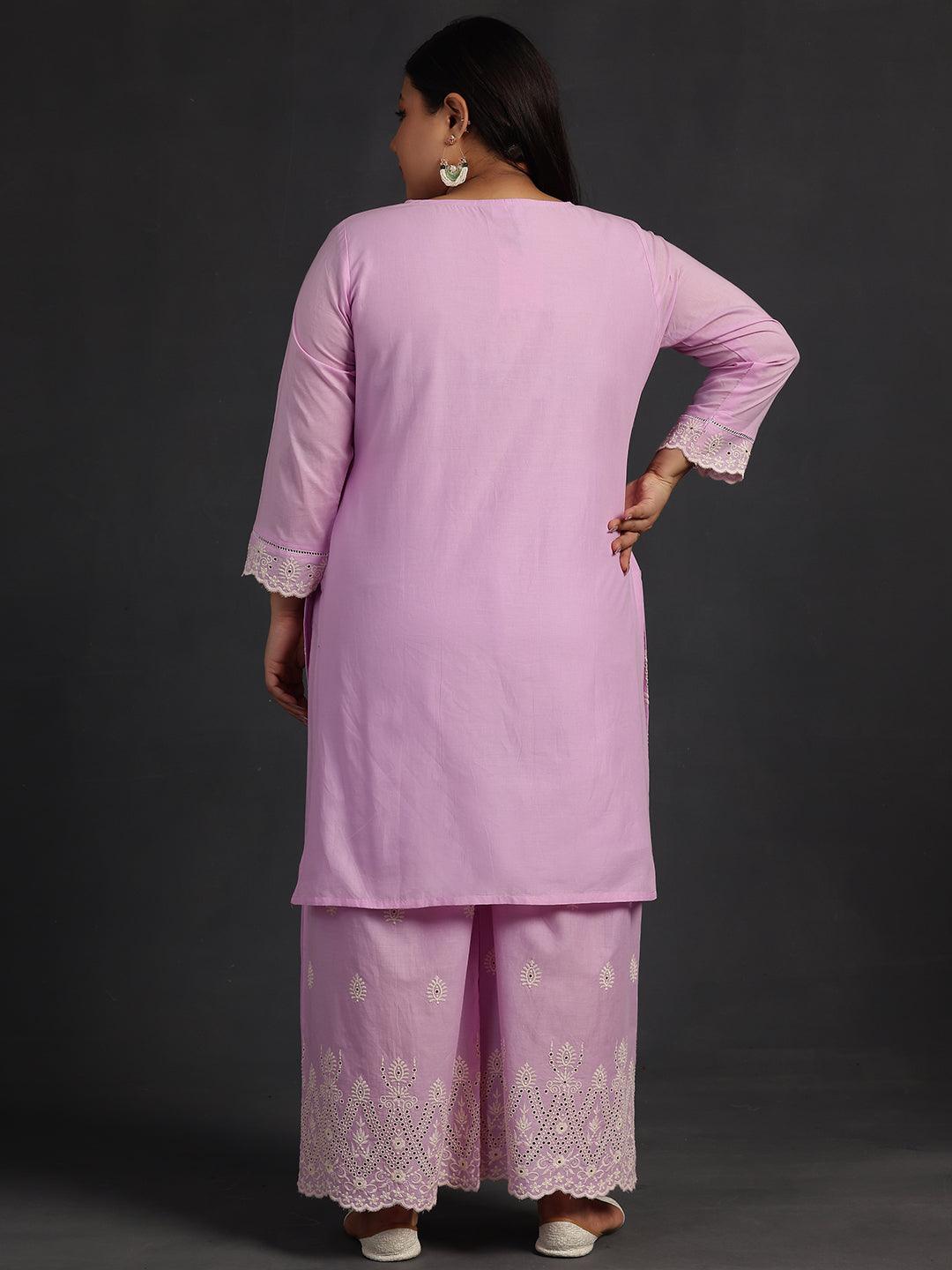 Plus Size Lavender Embroidered Cotton Co-Ords