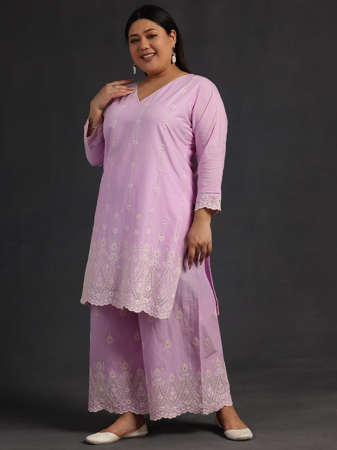 Plus Size Lavender Embroidered Cotton Co-Ords