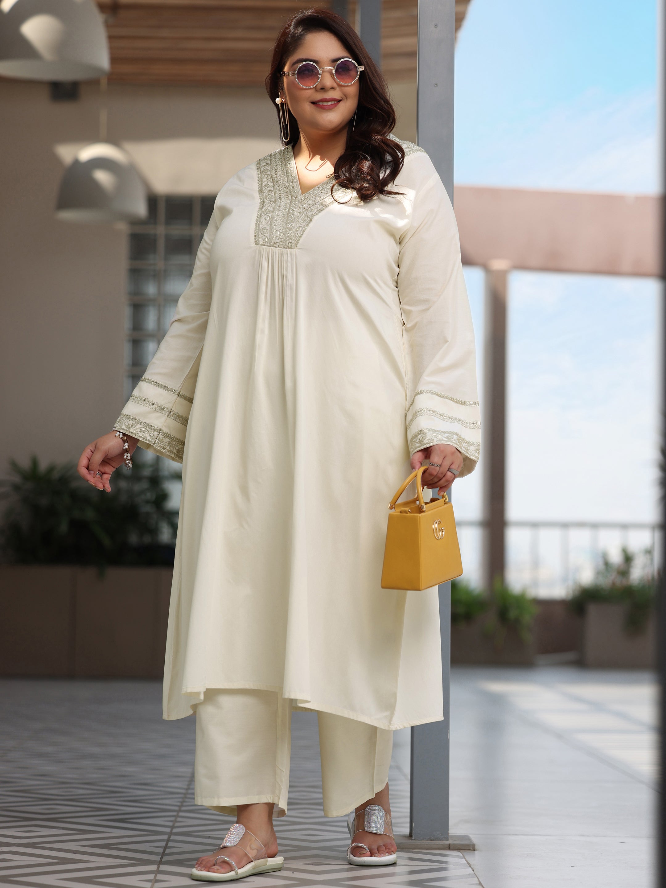 Plus Size Off White Yoke Design Silk Blend A-Line Kurta With Trousers