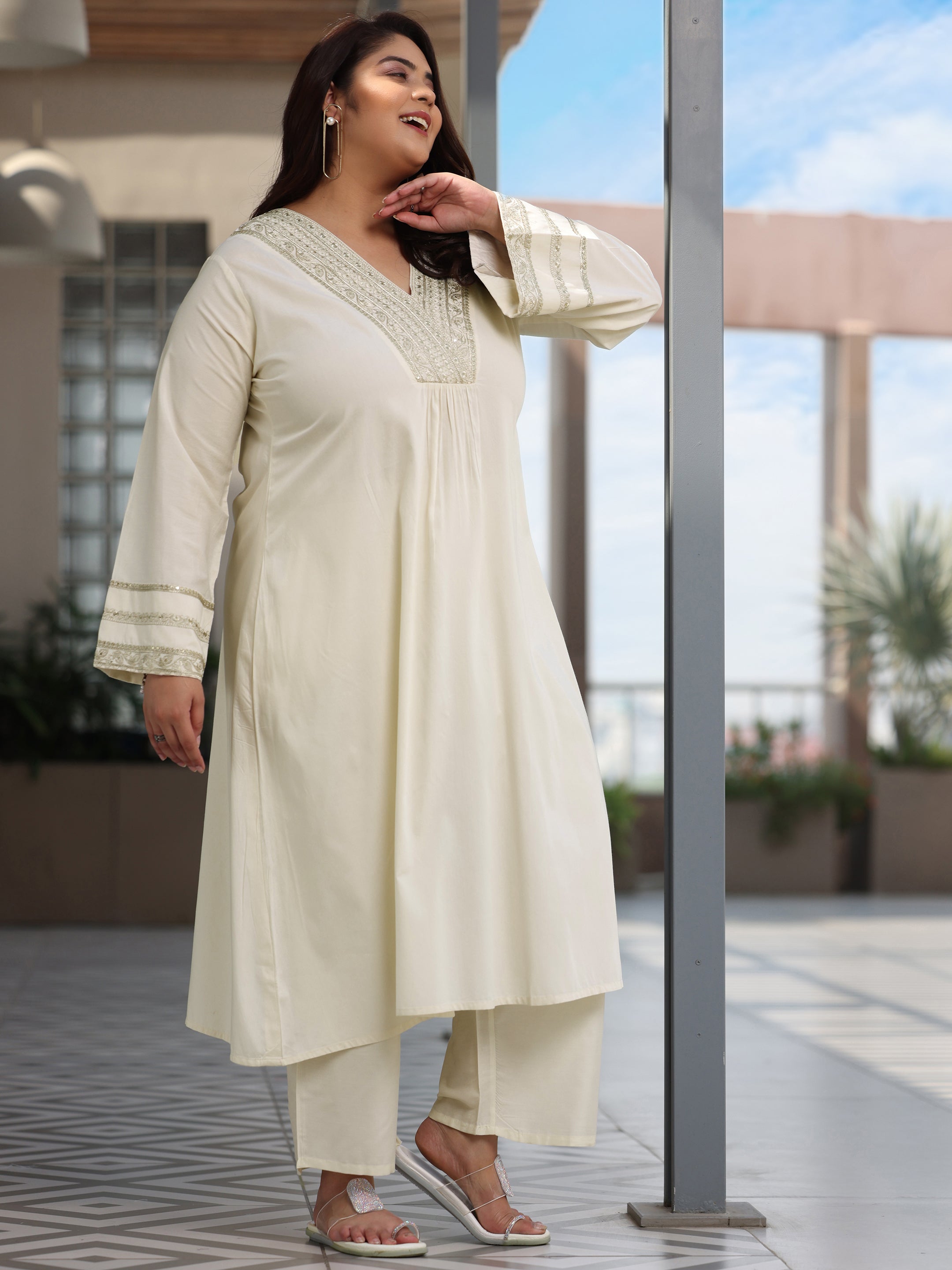 Plus Size Off White Yoke Design Silk Blend A-Line Kurta With Trousers