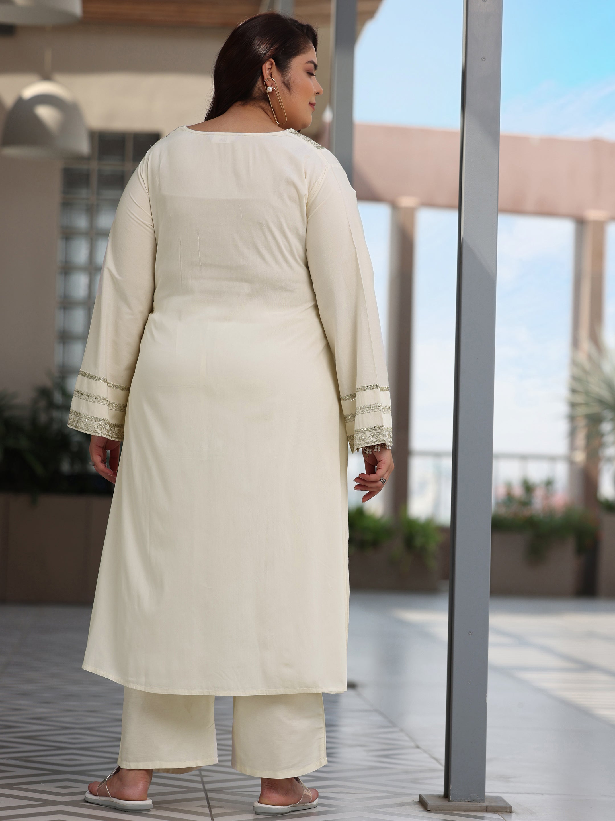 Plus Size Off White Yoke Design Silk Blend A-Line Kurta With Trousers