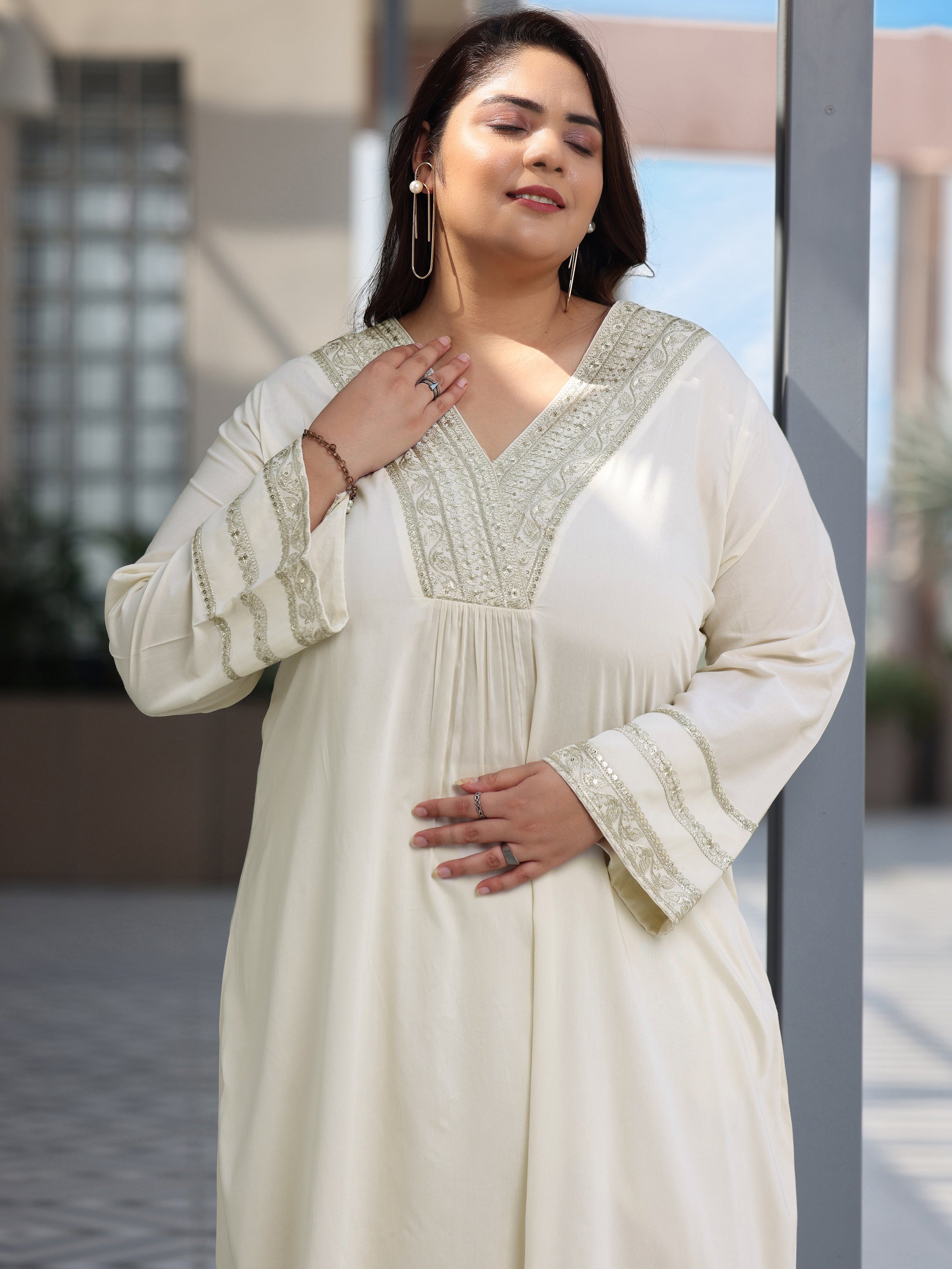 Plus Size Off White Yoke Design Silk Blend A-Line Kurta With Trousers