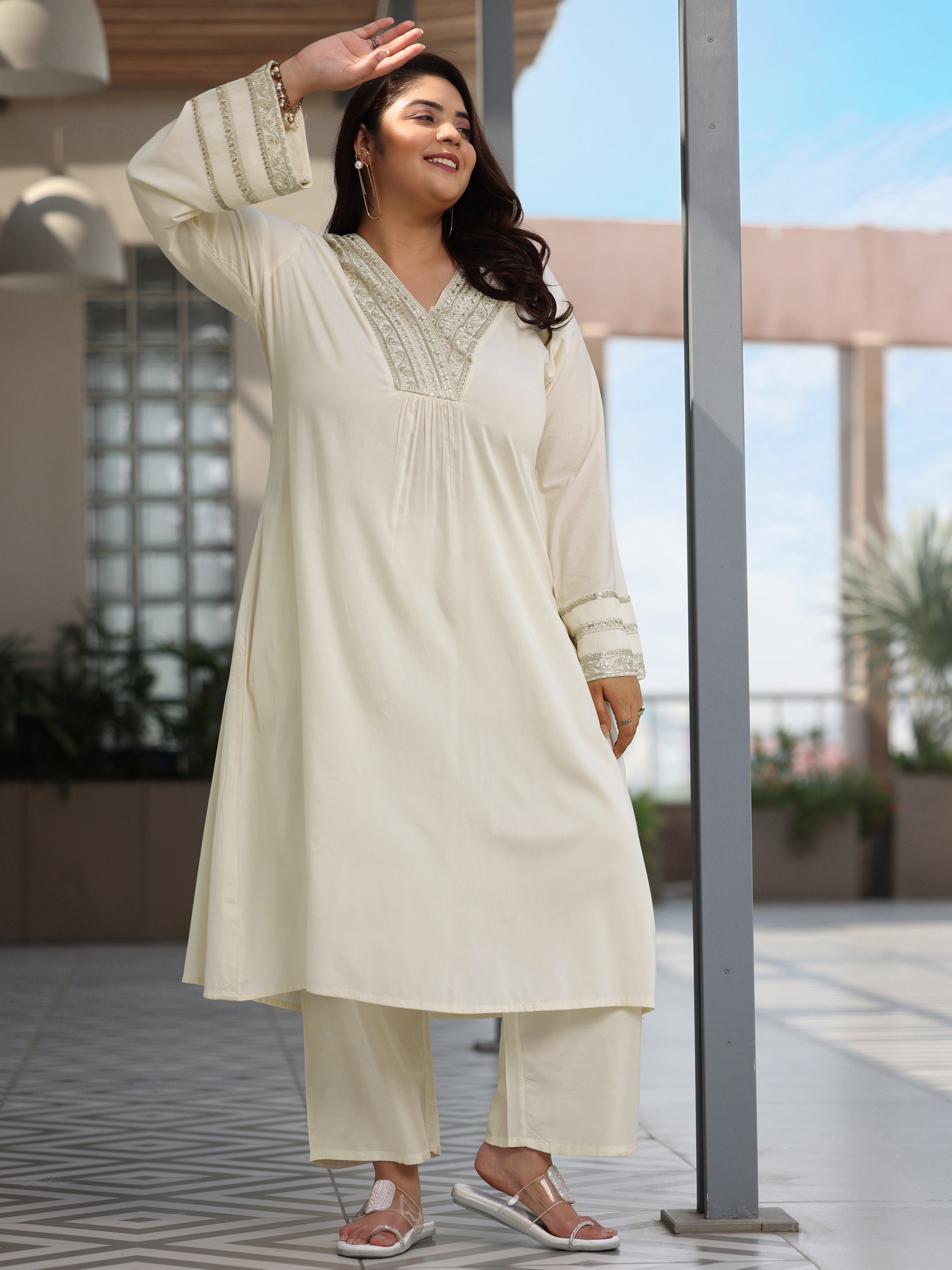 Plus Size Off White Yoke Design Silk Blend A-Line Kurta With Trousers