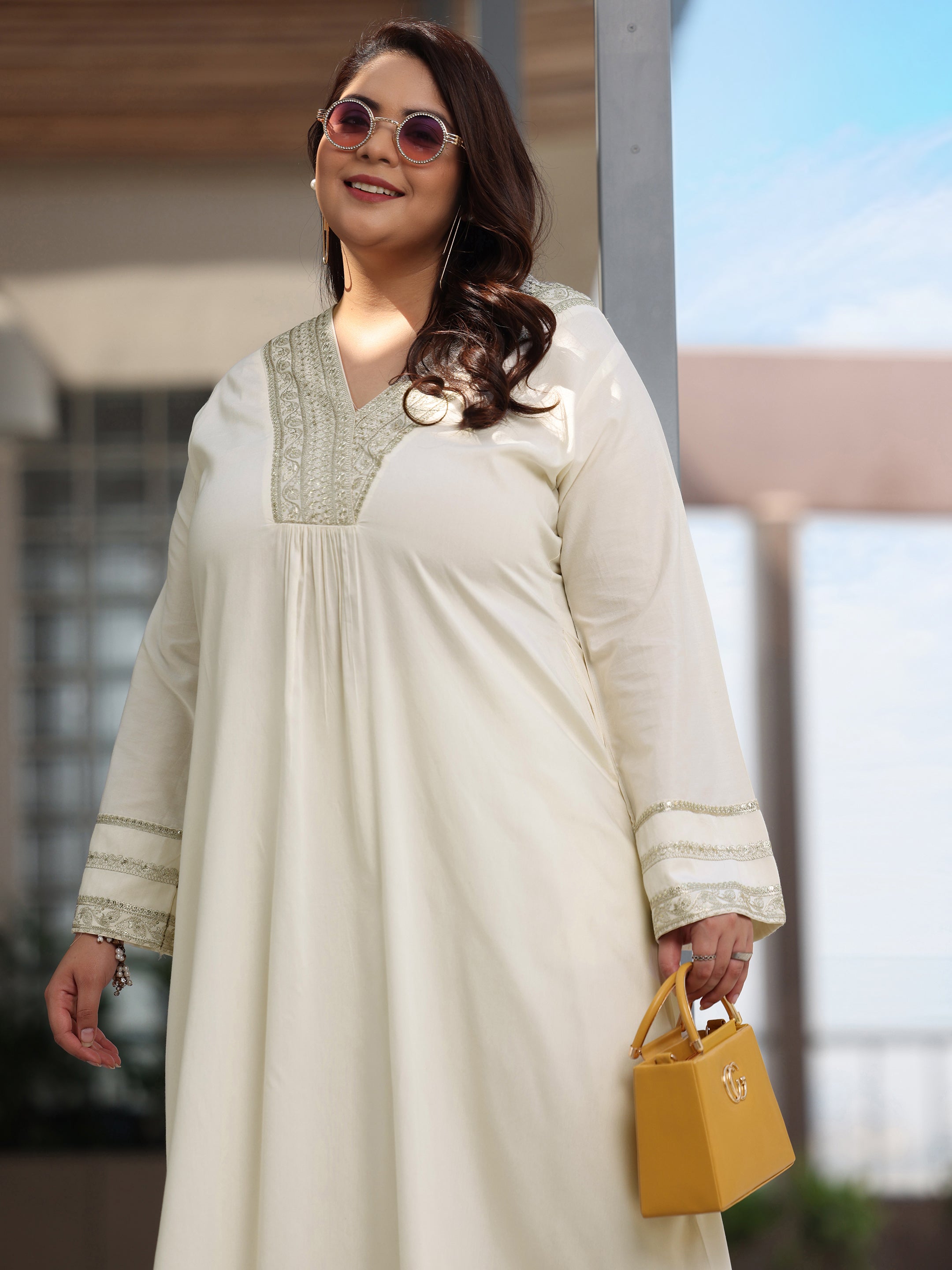 Plus Size Off White Yoke Design Silk Blend A-Line Kurta With Trousers