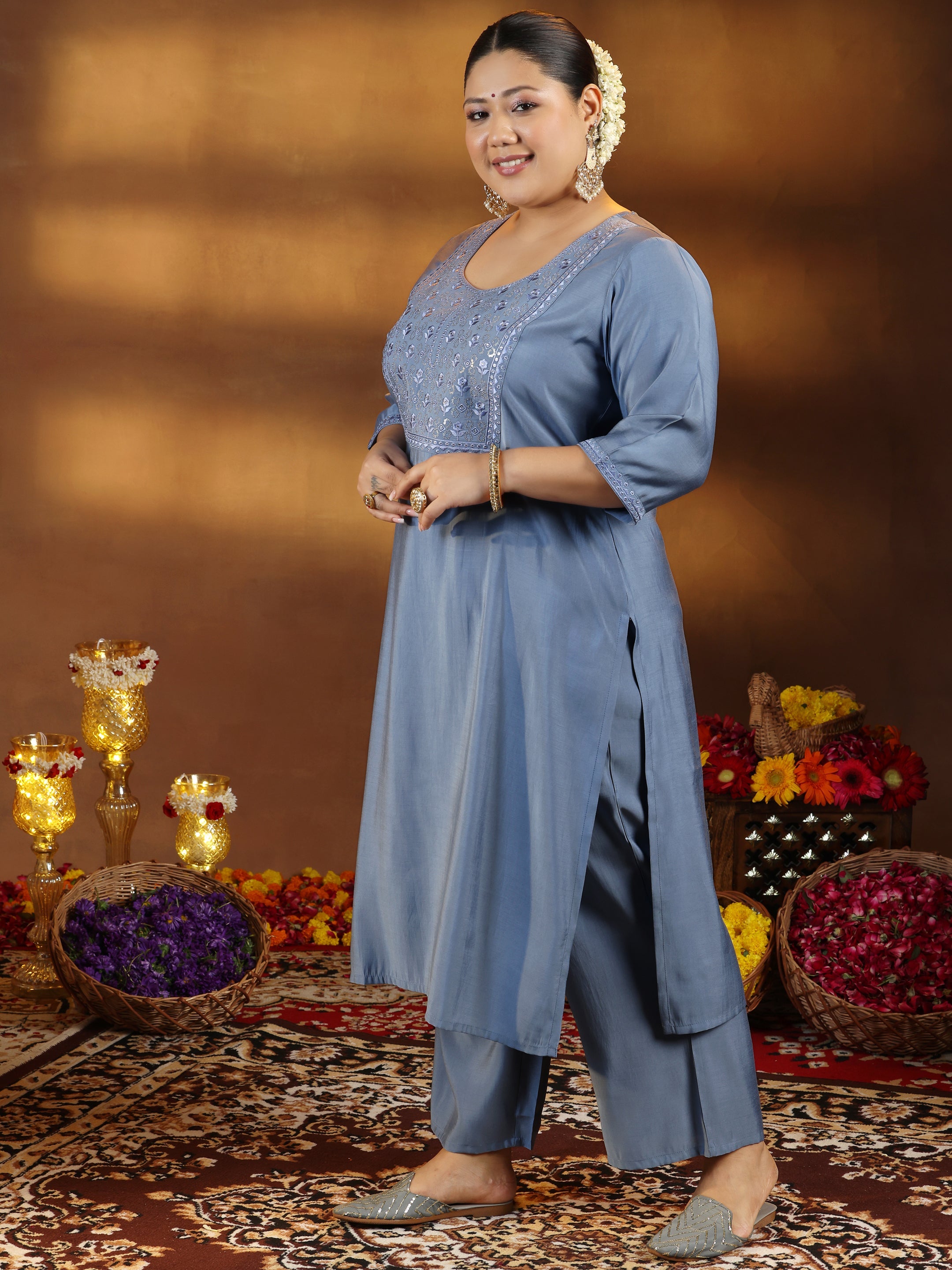 Plus Size Grey Yoke Design Silk Blend Straight Kurta Set