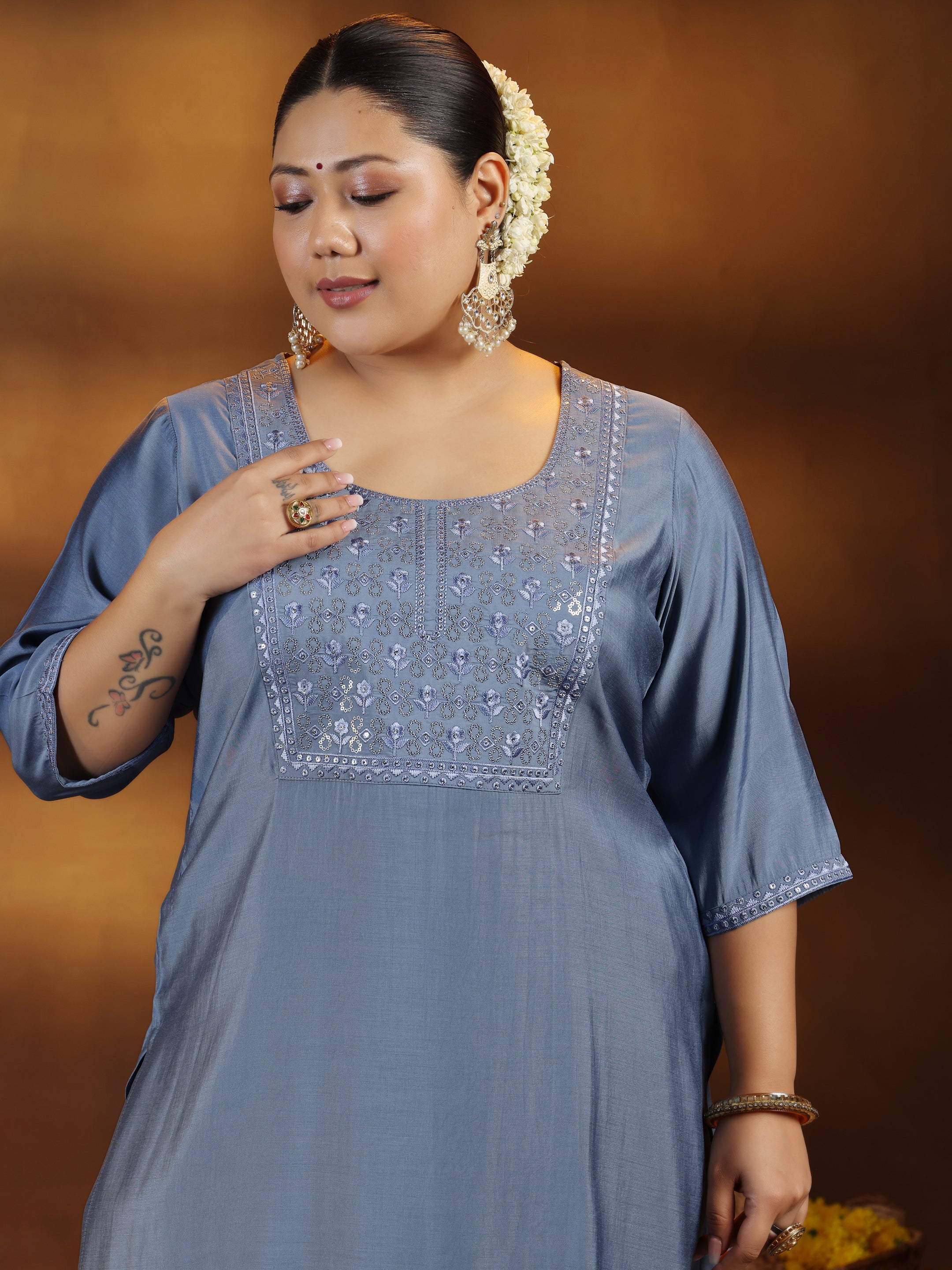 Plus Size Grey Yoke Design Silk Blend Straight Kurta Set