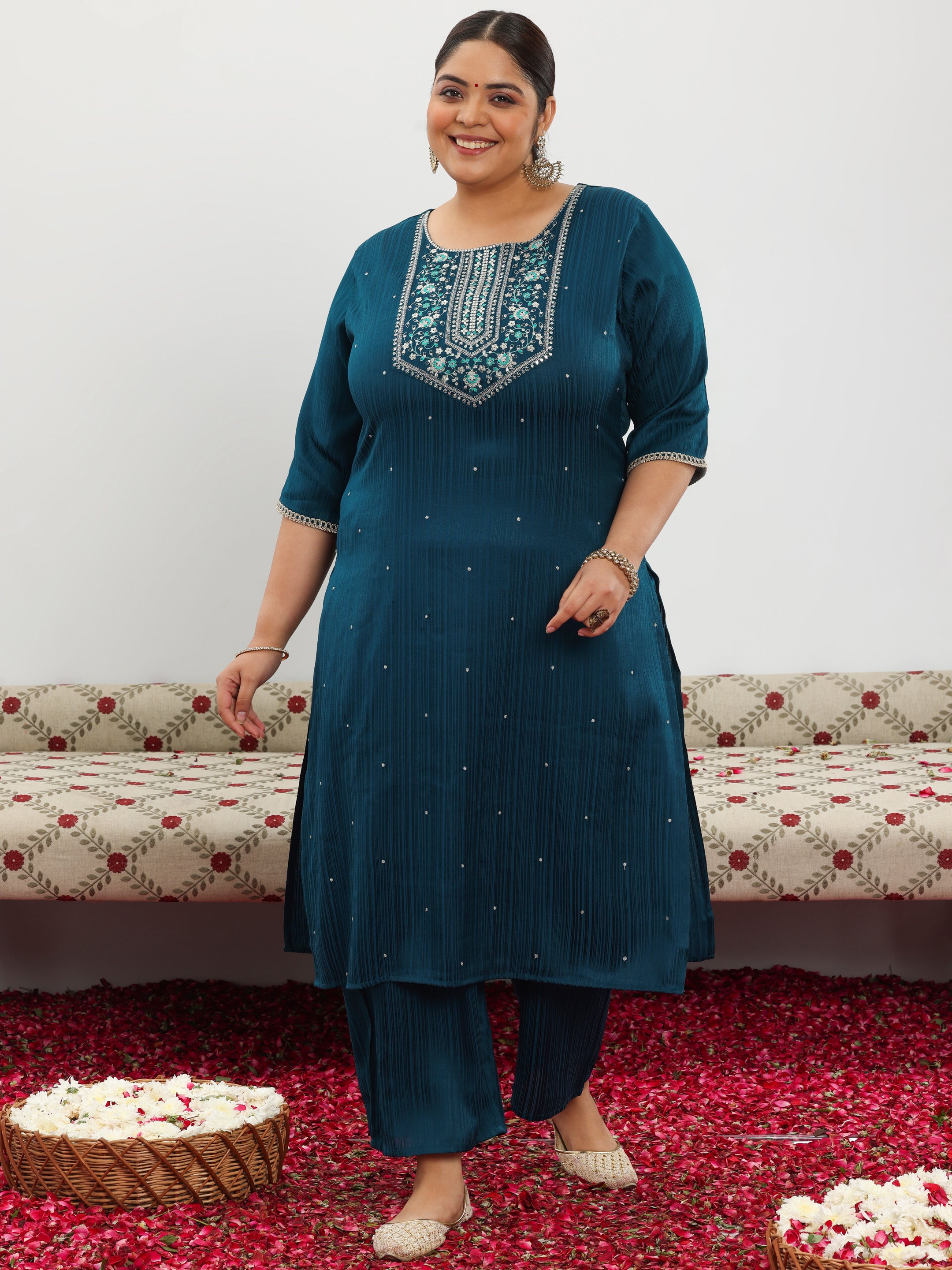 Plus Size Blue Embroidered Silk Blend Straight Kurta Set