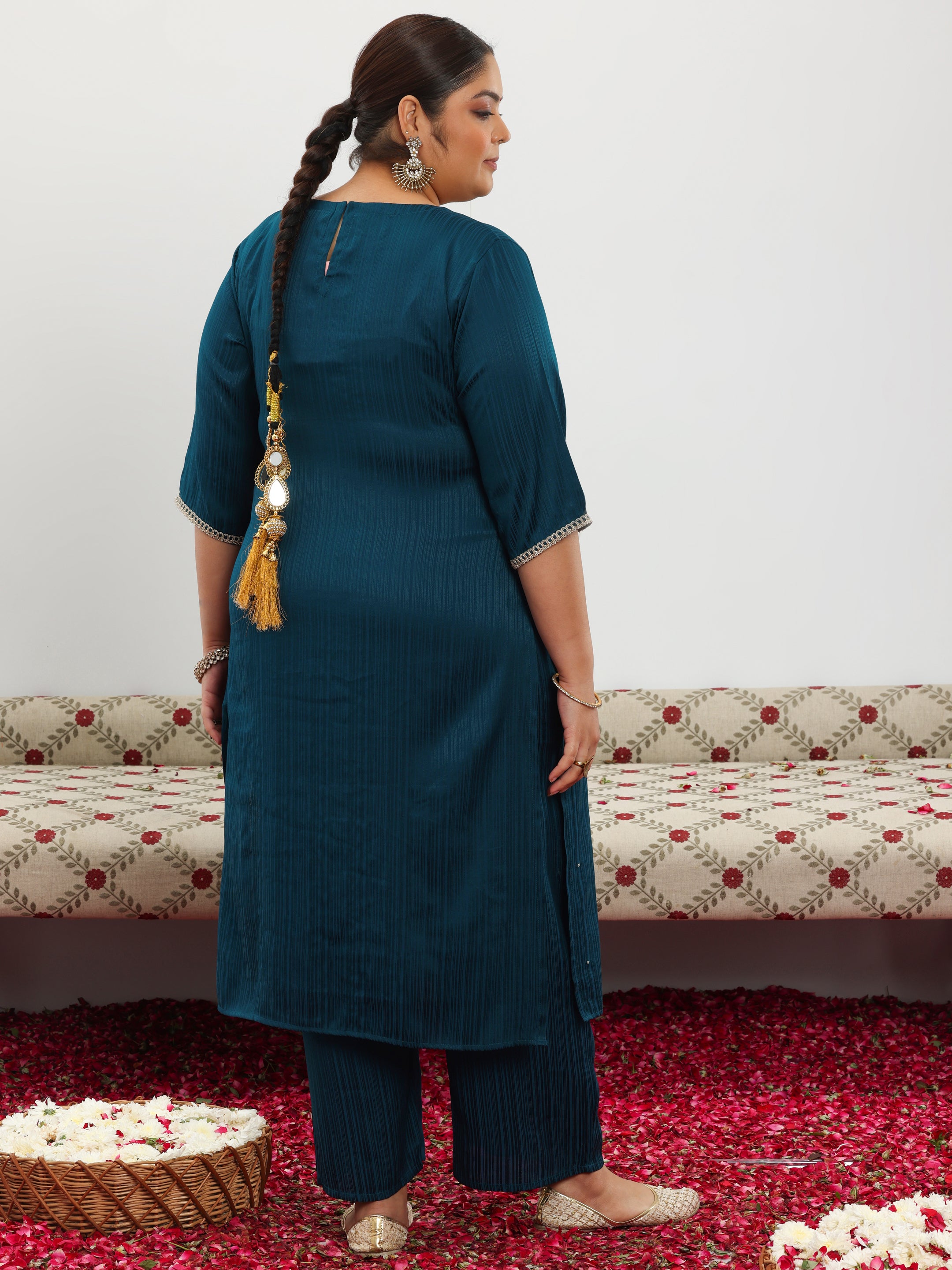 Plus Size Blue Embroidered Silk Blend Straight Kurta Set